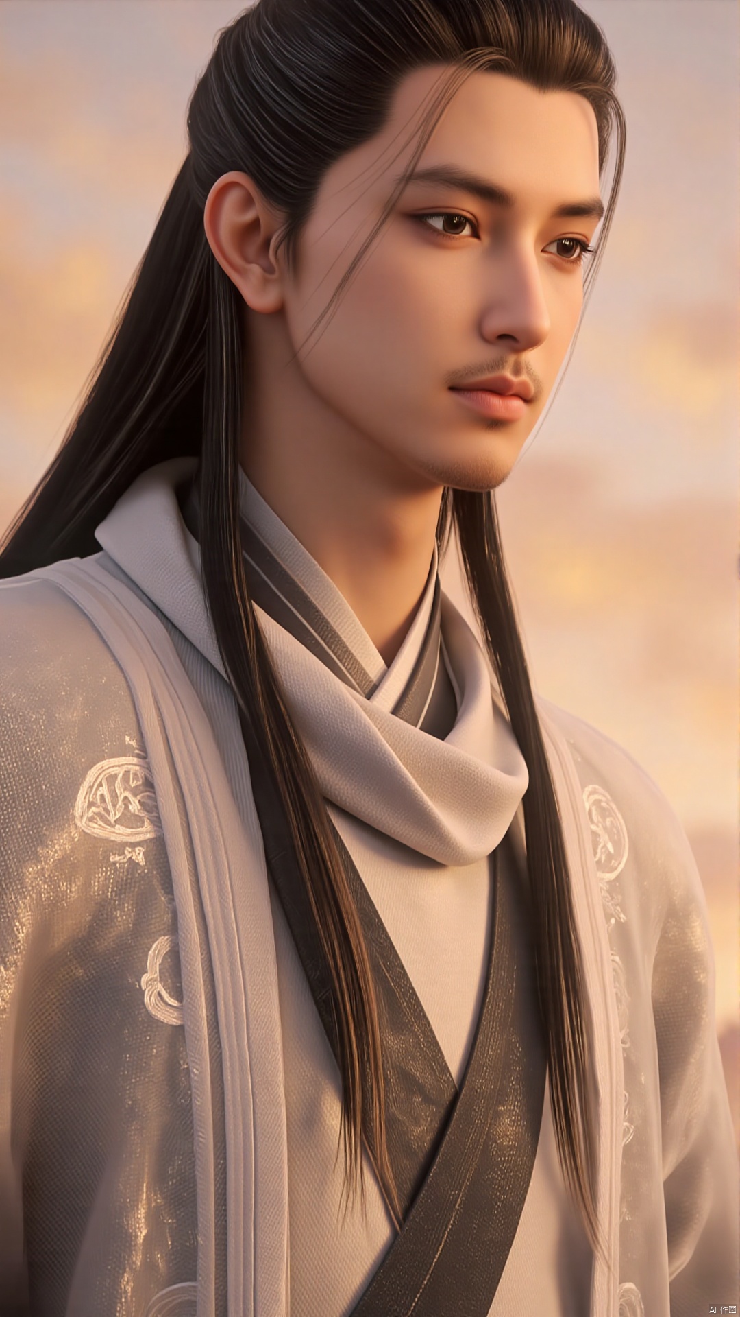 This is a hyper-realistic CGI (computer-generated imagery) rendering of a young man with an Asian appearance. He has a fair complexion and is of medium build. His long, dark hair is styled in a high topknot, with a few loose strands framing his face. His eyes are almond-shaped and dark, giving him a serene, contemplative expression. He has a slight, well-groomed mustache and a neatly trimmed goatee.
He is dressed in traditional Chinese attire, characterized by a high-collared, flowing robe with intricate, golden embroidery. The robe is primarily white with black accents, and the fabric appears to be silk or a similar smooth material, enhancing the elegant and refined look. The background is a blurred, warm-toned gradient, likely depicting a sunset or sunrise, with soft hues of orange, pink, and yellow, indicating a serene and peaceful atmosphere.
The image is highly detailed, with realistic textures and shading, and the lighting is soft and natural, enhancing the subject's features and clothing. The overall style of the image is sophisticated and culturally rich, capturing the essence of traditional Chinese aesthetics in a modern digital medium.