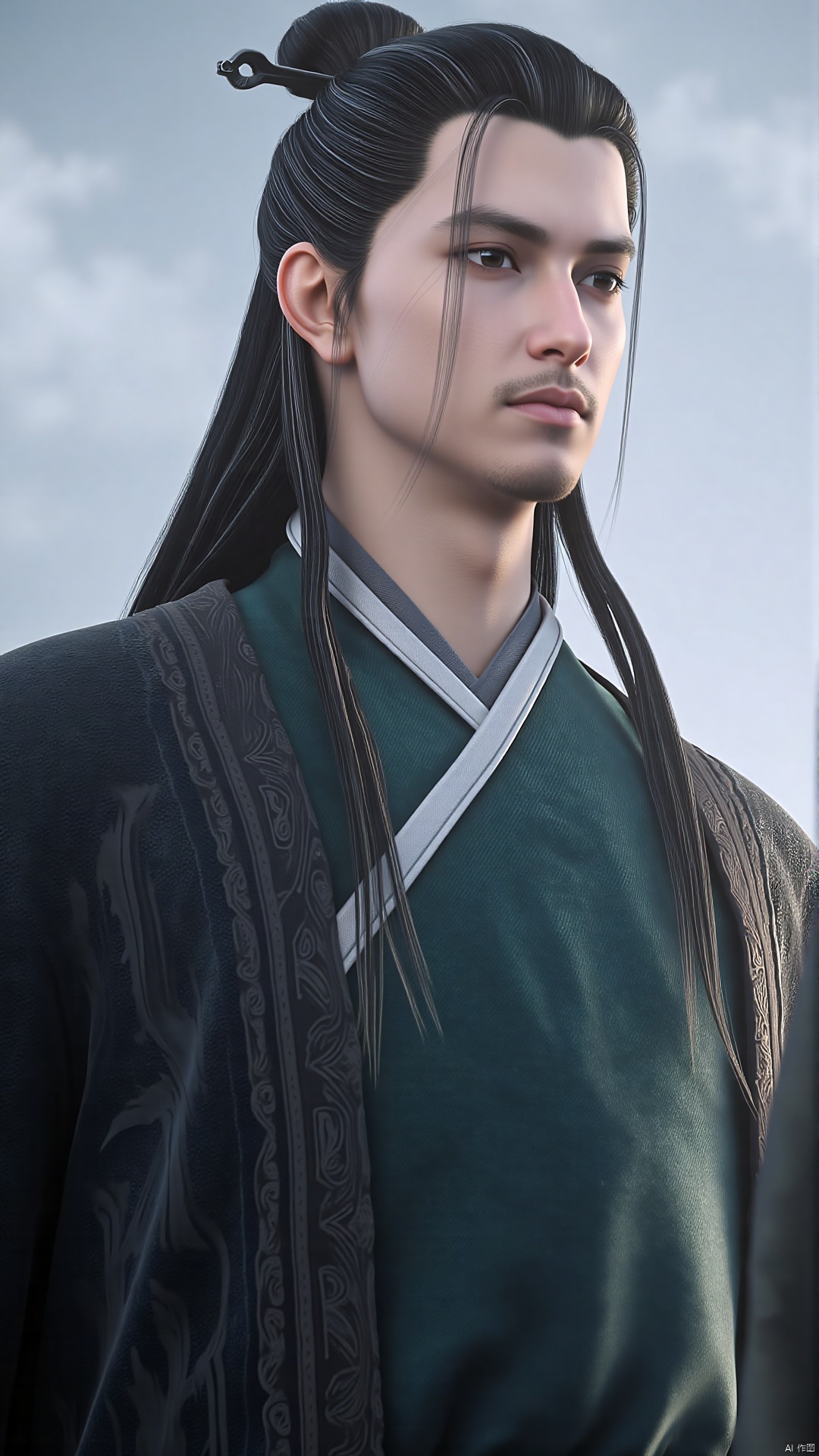 of a young man with an ethereal, almost otherworldly appearance. This is a highly detailed digital CGI rendering of a young East Asian man with a serene, contemplative expression. He has long, jet-black hair styled in a loose, flowing manner, with a few strands tied back with a small black clip. His facial features are sharp and delicate, with high cheekbones, a small, straight nose, and full lips. His eyes are large and piercing, with a hint of sadness or introspection.
He is dressed in traditional Chinese attire, specifically a dark teal robe with intricate white and gold patterns along the sleeves and hem, indicating a high social status. The robe is draped over a black, textured outer garment that appears to be made of a soft, heavy fabric. The overall texture of his clothing is smooth yet slightly coarse, adding depth and realism to the image.
The background is a soft, overcast sky with a few wispy clouds, indicating a calm, serene setting that complements the subject's serene demeanor. The lighting is soft and diffused, casting gentle shadows that enhance the three-dimensional quality of the image.