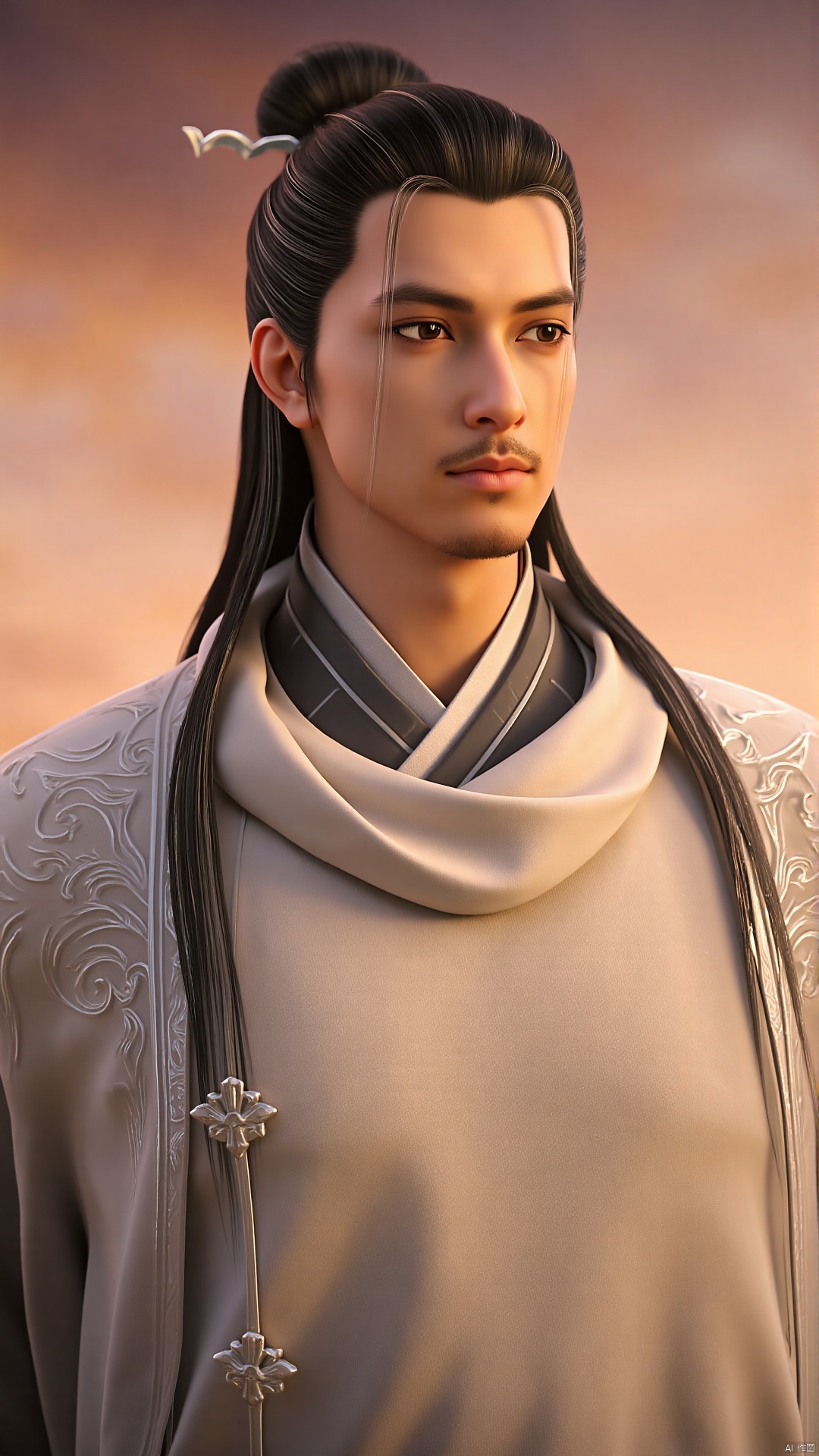 This is a hyper-realistic CGI (computer-generated imagery) rendering of a young man with an Asian appearance. He has a fair complexion and is of medium build. His long, dark hair is styled in a high topknot, with a few loose strands framing his face. His eyes are almond-shaped and dark, giving him a serene, contemplative expression. He has a slight, well-groomed mustache and a neatly trimmed goatee.
He is dressed in traditional Chinese attire, characterized by a high-collared, flowing robe with intricate, golden embroidery. The robe is primarily white with black accents, and the fabric appears to be silk or a similar smooth material, enhancing the elegant and refined look. The background is a blurred, warm-toned gradient, likely depicting a sunset or sunrise, with soft hues of orange, pink, and yellow, indicating a serene and peaceful atmosphere.
The image is highly detailed, with realistic textures and shading, and the lighting is soft and natural, enhancing the subject's features and clothing. The overall style of the image is sophisticated and culturally rich, capturing the essence of traditional Chinese aesthetics in a modern digital medium.
