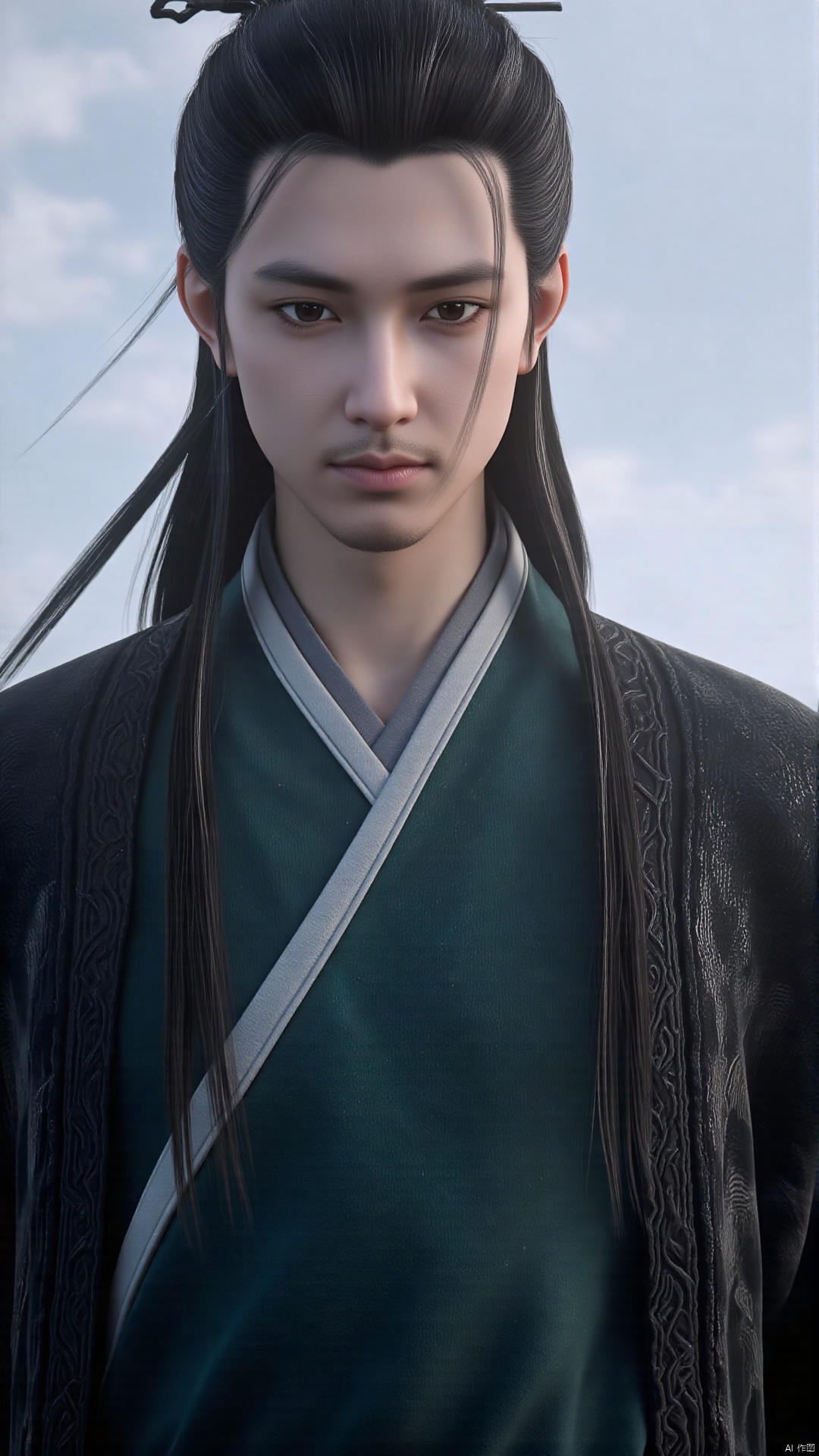of a young man with an ethereal, almost otherworldly appearance. This is a highly detailed digital CGI rendering of a young East Asian man with a serene, contemplative expression. He has long, jet-black hair styled in a loose, flowing manner, with a few strands tied back with a small black clip. His facial features are sharp and delicate, with high cheekbones, a small, straight nose, and full lips. His eyes are large and piercing, with a hint of sadness or introspection.
He is dressed in traditional Chinese attire, specifically a dark teal robe with intricate white and gold patterns along the sleeves and hem, indicating a high social status. The robe is draped over a black, textured outer garment that appears to be made of a soft, heavy fabric. The overall texture of his clothing is smooth yet slightly coarse, adding depth and realism to the image.
The background is a soft, overcast sky with a few wispy clouds, indicating a calm, serene setting that complements the subject's serene demeanor. The lighting is soft and diffused, casting gentle shadows that enhance the three-dimensional quality of the image.