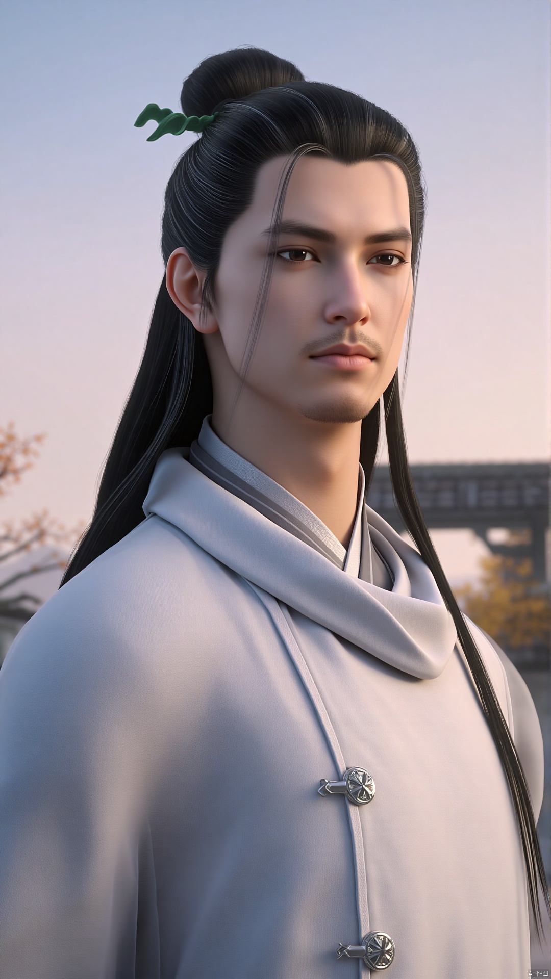 This is a highly detailed CGI rendering of a young man with East Asian features, set against a serene, out-of-focus background that includes a clear sky transitioning from light blue to pale pink at the horizon, and a blurred silhouette of a building with a tiled roof. The man has long, jet-black hair tied into a topknot adorned with a green ribbon, and his hair flows down his back in loose strands. His expression is calm and contemplative, with a slight hint of sadness. He wears a traditional, white, high-collar robe with intricate silver buttons down the front, indicating a formal or ceremonial attire. The robe has a smooth texture and a slight sheen, suggesting a fine fabric like silk. The background features a minimalistic, rustic setting, possibly a historical or traditional Asian location, with the blurred outlines of buildings and a few autumnal leaves, indicating a time of year with cooler temperatures. The overall composition and style of the image are realistic, with a focus on fine details and textures, emphasizing the subject's serene and thoughtful demeanor.