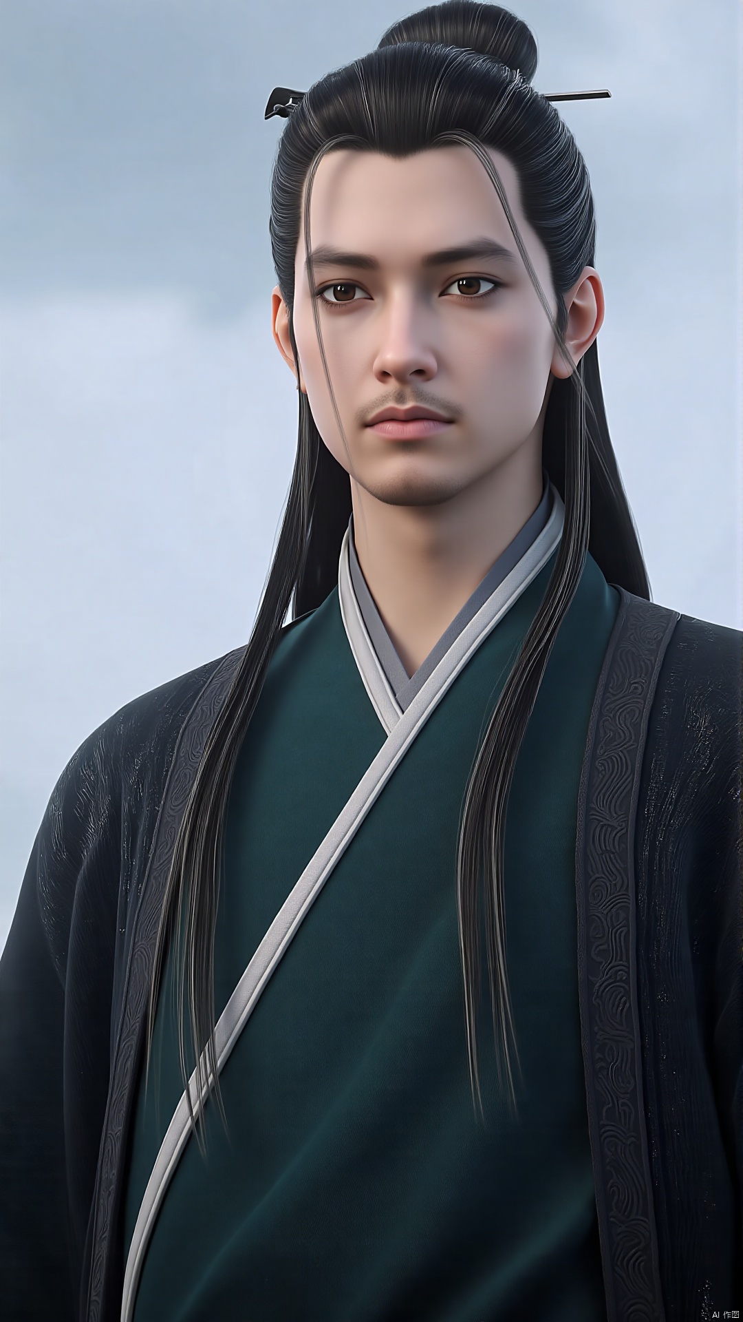 of a young man with an ethereal, almost otherworldly appearance. This is a highly detailed digital CGI rendering of a young East Asian man with a serene, contemplative expression. He has long, jet-black hair styled in a loose, flowing manner, with a few strands tied back with a small black clip. His facial features are sharp and delicate, with high cheekbones, a small, straight nose, and full lips. His eyes are large and piercing, with a hint of sadness or introspection.
He is dressed in traditional Chinese attire, specifically a dark teal robe with intricate white and gold patterns along the sleeves and hem, indicating a high social status. The robe is draped over a black, textured outer garment that appears to be made of a soft, heavy fabric. The overall texture of his clothing is smooth yet slightly coarse, adding depth and realism to the image.
The background is a soft, overcast sky with a few wispy clouds, indicating a calm, serene setting that complements the subject's serene demeanor. The lighting is soft and diffused, casting gentle shadows that enhance the three-dimensional quality of the image.