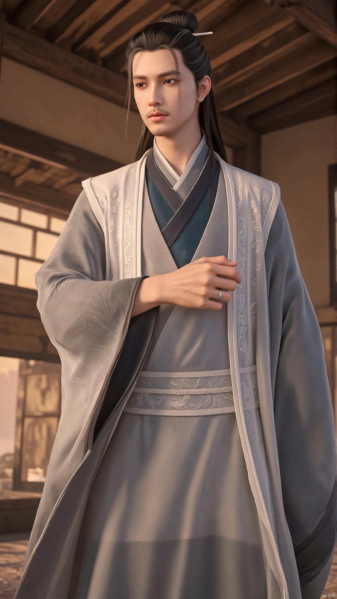 This is a highly detailed digital CGI artwork depicting a young man in traditional East Asian attire. The subject stands in a semi-profile view, facing slightly to the right. He has a calm, composed expression and long, dark hair tied into a topknot, a common hairstyle for East Asian males. His outfit consists of a flowing, white robe with intricate, embroidered floral patterns, complemented by a dark blue, almost black, inner robe. The robe is tied at the waist with a white sash. His hands are clasped in front of him, and he wears a simple, silver ring on his right hand. The background shows a wooden structure with aged, textured wooden planks, suggesting an interior setting with warm, golden light filtering through the slats. The overall color palette is warm, with earthy tones and muted shades of brown and beige, enhancing the traditional and rustic ambiance. The textures of the fabric and wood are meticulously detailed, contributing to the realism of the artwork. The image conveys a sense of serenity and cultural heritage, with a blend of historical and modern elements.