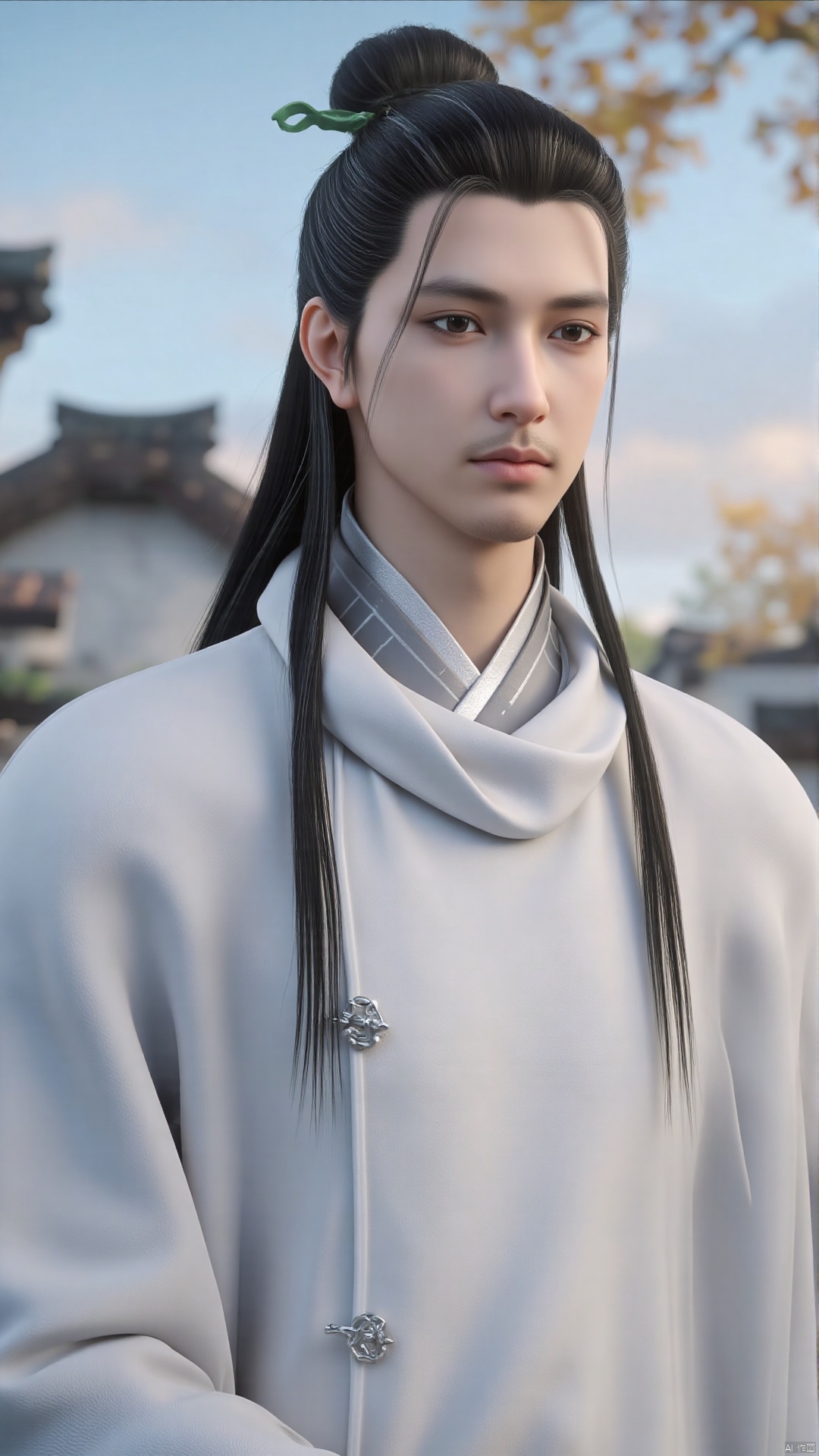 This is a highly detailed CGI rendering of a young man with East Asian features, set against a serene, out-of-focus background that includes a clear sky transitioning from light blue to pale pink at the horizon, and a blurred silhouette of a building with a tiled roof. The man has long, jet-black hair tied into a topknot adorned with a green ribbon, and his hair flows down his back in loose strands. His expression is calm and contemplative, with a slight hint of sadness. He wears a traditional, white, high-collar robe with intricate silver buttons down the front, indicating a formal or ceremonial attire. The robe has a smooth texture and a slight sheen, suggesting a fine fabric like silk. The background features a minimalistic, rustic setting, possibly a historical or traditional Asian location, with the blurred outlines of buildings and a few autumnal leaves, indicating a time of year with cooler temperatures. The overall composition and style of the image are realistic, with a focus on fine details and textures, emphasizing the subject's serene and thoughtful demeanor.