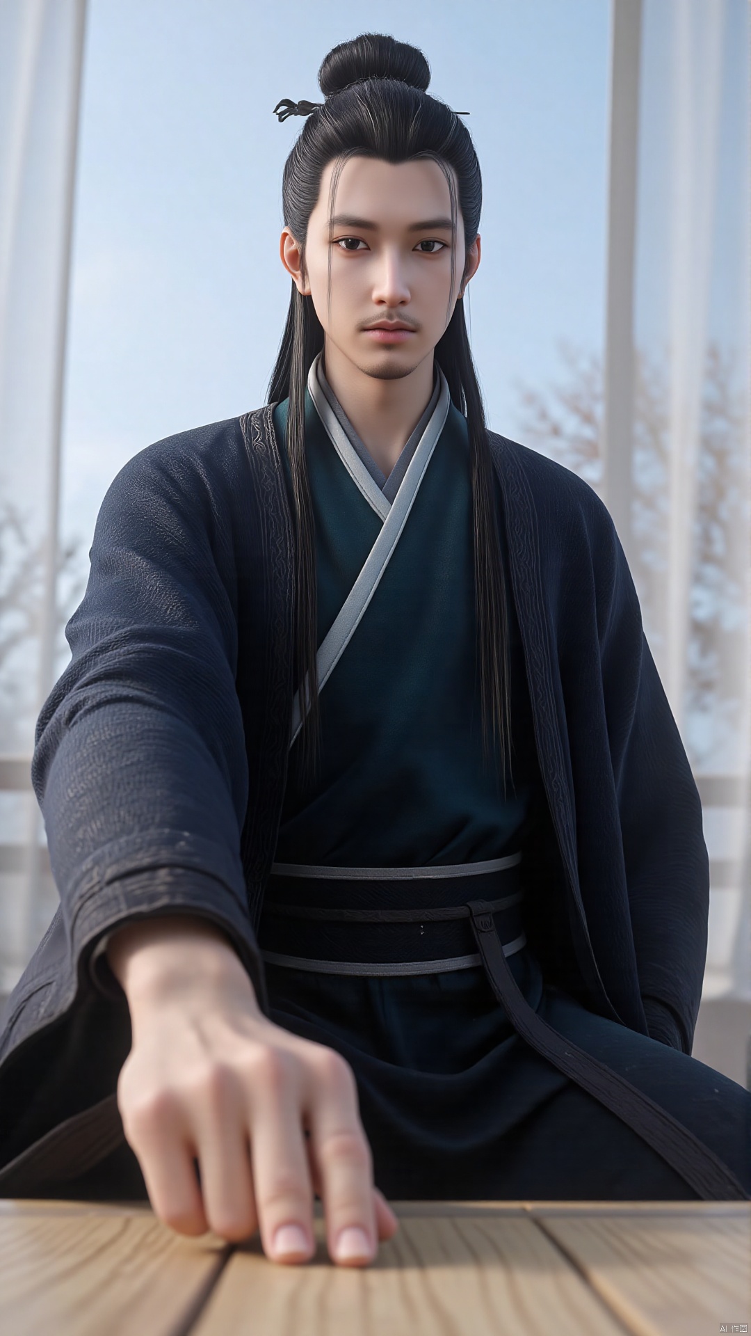 of a young man with long, dark hair styled in a topknot, sitting in a traditional Japanese room. The man has a serious expression and is dressed in a dark blue, kimono-style robe with a white, textured pattern along the sleeves and a grey sash tied around his waist. His hands are visible, with the left hand resting on his lap and the right hand extended towards the viewer, suggesting a sense of interaction or invitation. The background features a light blue sky with white, translucent curtains that allow natural light to filter through, giving the room a serene and peaceful ambiance. The floor appears to be made of wood, with a traditional Japanese tatami mat pattern. In the background, there are soft, blurred images of a few trees with bare branches, indicating a winter or early spring setting. The overall texture of the image is smooth and realistic, with a slight emphasis on the man's features and the fine details of his clothing.