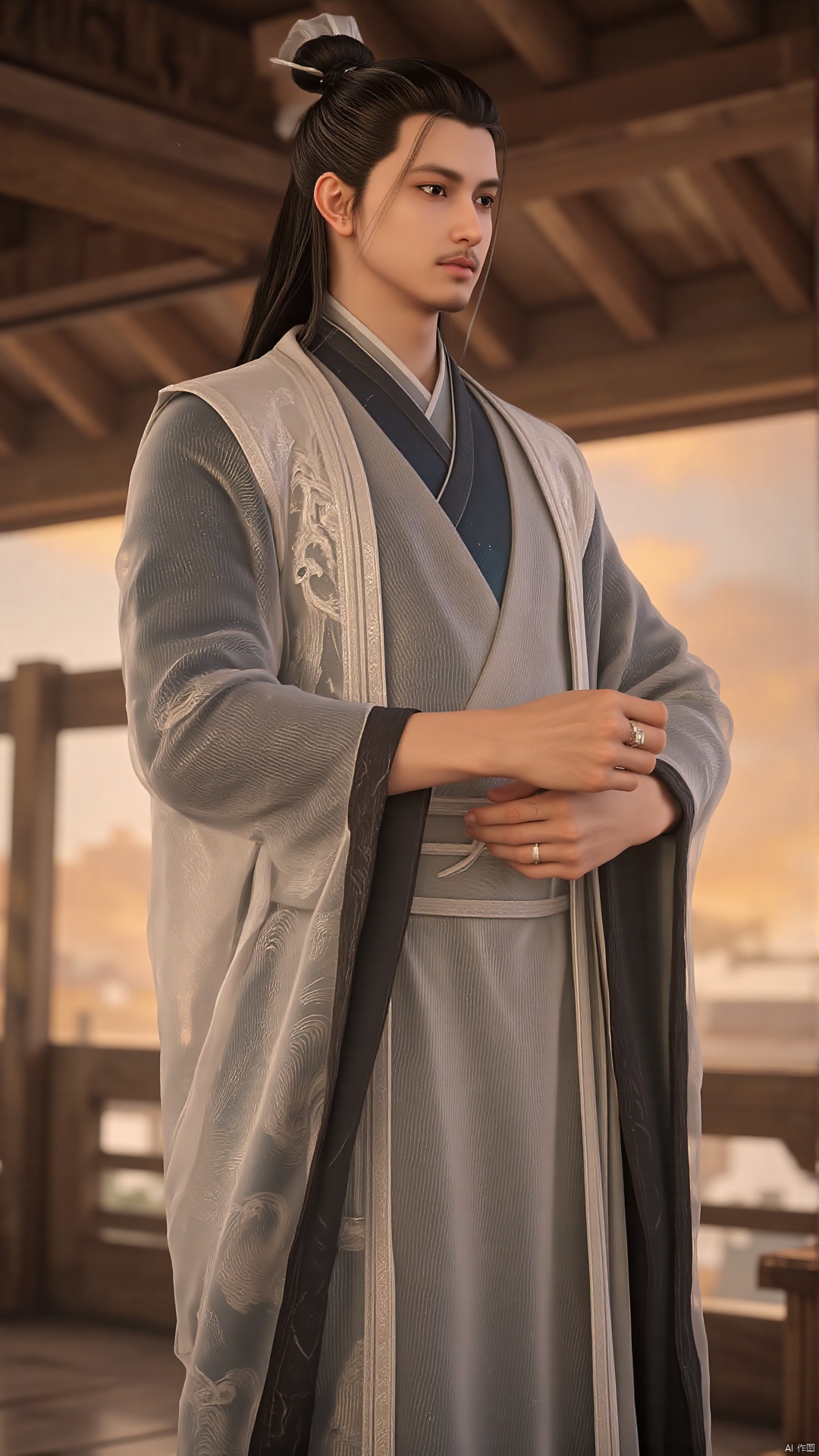 This is a highly detailed digital CGI artwork depicting a young man in traditional East Asian attire. The subject stands in a semi-profile view, facing slightly to the right. He has a calm, composed expression and long, dark hair tied into a topknot, a common hairstyle for East Asian males. His outfit consists of a flowing, white robe with intricate, embroidered floral patterns, complemented by a dark blue, almost black, inner robe. The robe is tied at the waist with a white sash. His hands are clasped in front of him, and he wears a simple, silver ring on his right hand. The background shows a wooden structure with aged, textured wooden planks, suggesting an interior setting with warm, golden light filtering through the slats. The overall color palette is warm, with earthy tones and muted shades of brown and beige, enhancing the traditional and rustic ambiance. The textures of the fabric and wood are meticulously detailed, contributing to the realism of the artwork. The image conveys a sense of serenity and cultural heritage, with a blend of historical and modern elements.