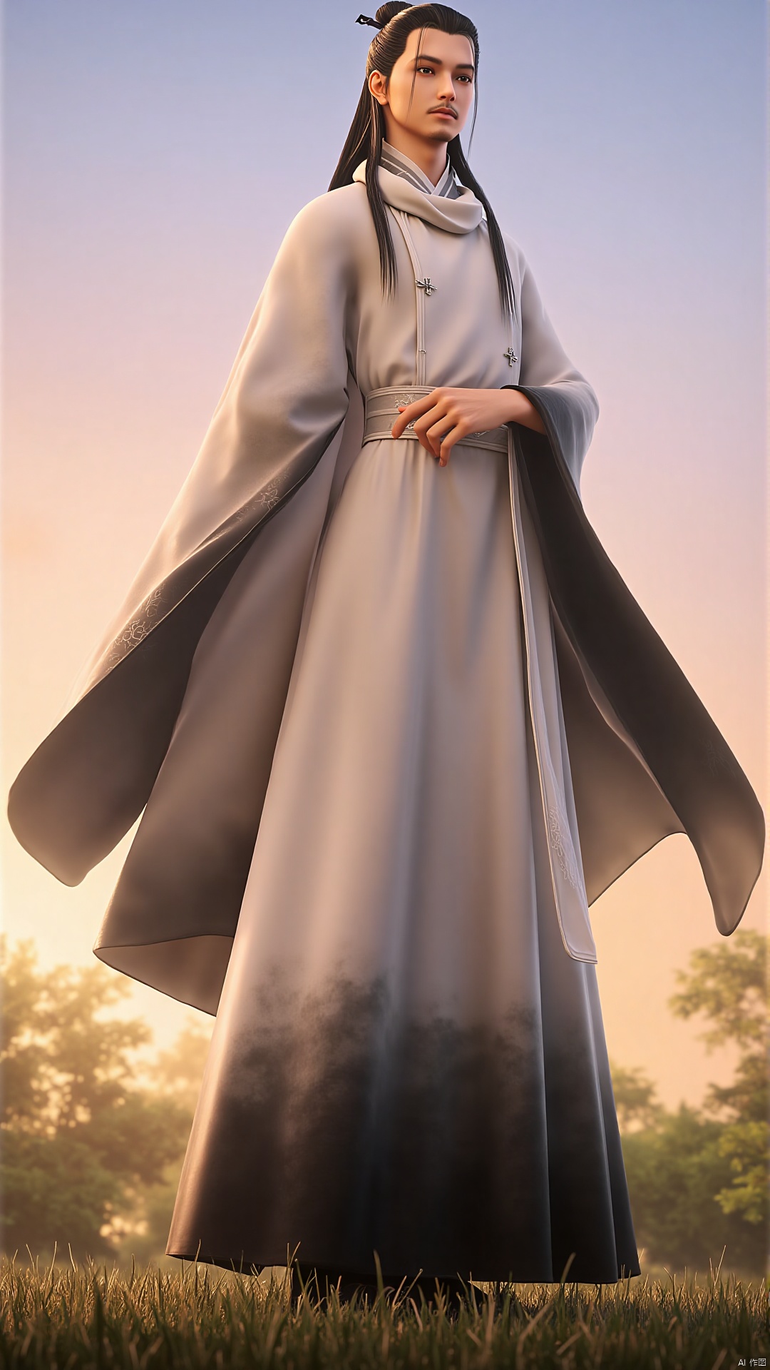 This is a highly detailed digital artwork featuring a tall, slender, androgynous character with a serene expression. The character has long, black, slightly wavy hair tied into two topknots, and their facial features are delicate, with high cheekbones and a slight mustache. They are dressed in a traditional Chinese scholar's outfit consisting of a white, flowing robe with a black, wide sash tied around the waist, and a black, flowing cape that billows behind them. The robe is intricately detailed with a dark, almost charcoal pattern near the hem, adding depth and texture to the fabric. The character stands on a grassy ground, with a serene, natural background of a forest and a clear sky transitioning from a warm, orange hue at the horizon to a soft blue at the top, suggesting either dawn or dusk. The overall atmosphere is calm and peaceful, with a sense of tranquility and introspection. The artwork is highly realistic, with fine details in the textures and colors, capturing the essence of traditional Chinese attire and the serene natural setting.