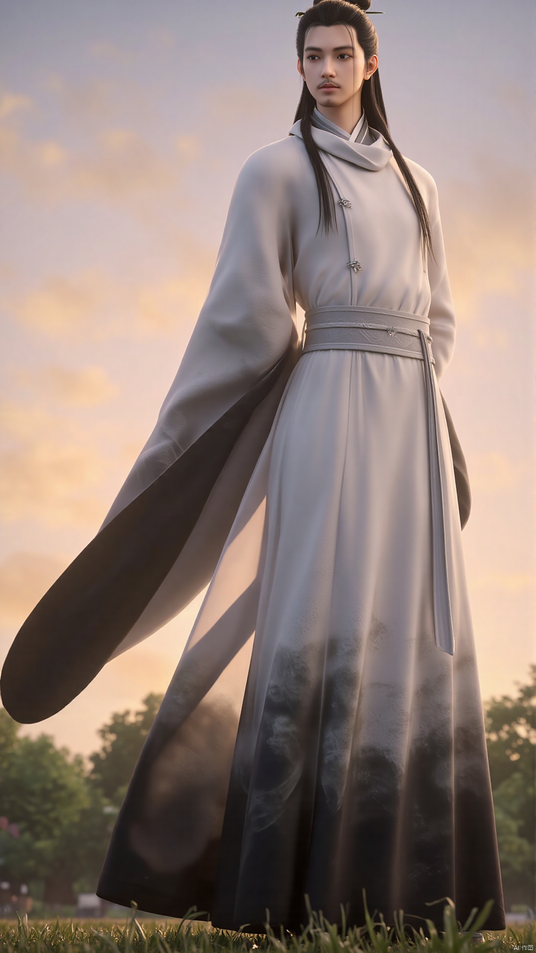 This is a highly detailed digital artwork featuring a tall, slender, androgynous character with a serene expression. The character has long, black, slightly wavy hair tied into two topknots, and their facial features are delicate, with high cheekbones and a slight mustache. They are dressed in a traditional Chinese scholar's outfit consisting of a white, flowing robe with a black, wide sash tied around the waist, and a black, flowing cape that billows behind them. The robe is intricately detailed with a dark, almost charcoal pattern near the hem, adding depth and texture to the fabric. The character stands on a grassy ground, with a serene, natural background of a forest and a clear sky transitioning from a warm, orange hue at the horizon to a soft blue at the top, suggesting either dawn or dusk. The overall atmosphere is calm and peaceful, with a sense of tranquility and introspection. The artwork is highly realistic, with fine details in the textures and colors, capturing the essence of traditional Chinese attire and the serene natural setting.