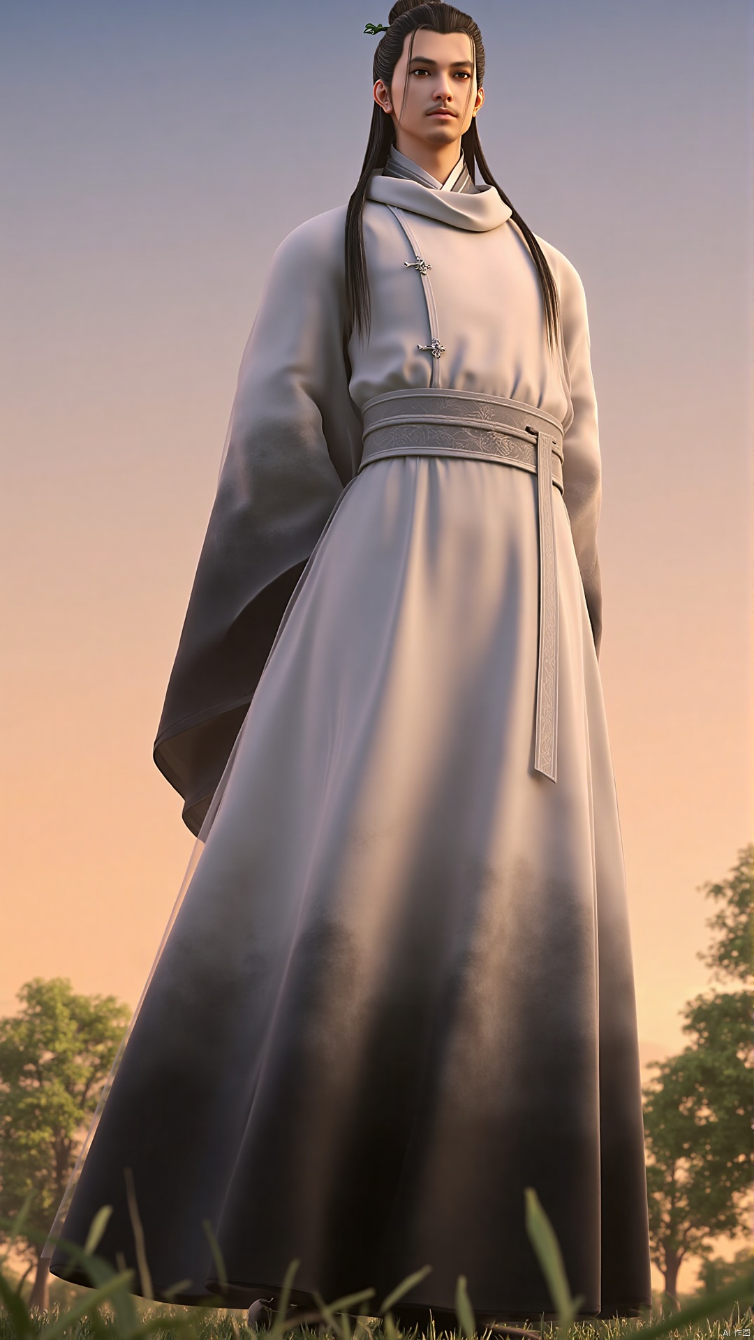 This is a highly detailed digital artwork featuring a tall, slender, androgynous character with a serene expression. The character has long, black, slightly wavy hair tied into two topknots, and their facial features are delicate, with high cheekbones and a slight mustache. They are dressed in a traditional Chinese scholar's outfit consisting of a white, flowing robe with a black, wide sash tied around the waist, and a black, flowing cape that billows behind them. The robe is intricately detailed with a dark, almost charcoal pattern near the hem, adding depth and texture to the fabric. The character stands on a grassy ground, with a serene, natural background of a forest and a clear sky transitioning from a warm, orange hue at the horizon to a soft blue at the top, suggesting either dawn or dusk. The overall atmosphere is calm and peaceful, with a sense of tranquility and introspection. The artwork is highly realistic, with fine details in the textures and colors, capturing the essence of traditional Chinese attire and the serene natural setting.