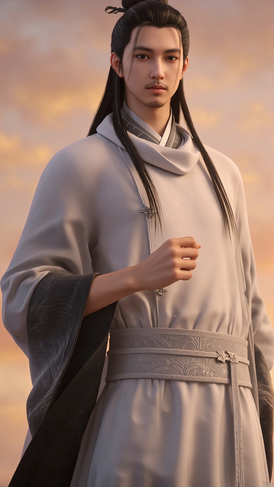 This is a hyper-realistic CGI (computer-generated imagery) rendering of a young man with an Asian appearance. He has a fair complexion and is of medium build. His long, dark hair is styled in a high topknot, with a few loose strands framing his face. His eyes are almond-shaped and dark, giving him a serene, contemplative expression. He has a slight, well-groomed mustache and a neatly trimmed goatee.
He is dressed in traditional Chinese attire, characterized by a high-collared, flowing robe with intricate, golden embroidery. The robe is primarily white with black accents, and the fabric appears to be silk or a similar smooth material, enhancing the elegant and refined look. The background is a blurred, warm-toned gradient, likely depicting a sunset or sunrise, with soft hues of orange, pink, and yellow, indicating a serene and peaceful atmosphere.
The image is highly detailed, with realistic textures and shading, and the lighting is soft and natural, enhancing the subject's features and clothing. The overall style of the image is sophisticated and culturally rich, capturing the essence of traditional Chinese aesthetics in a modern digital medium.