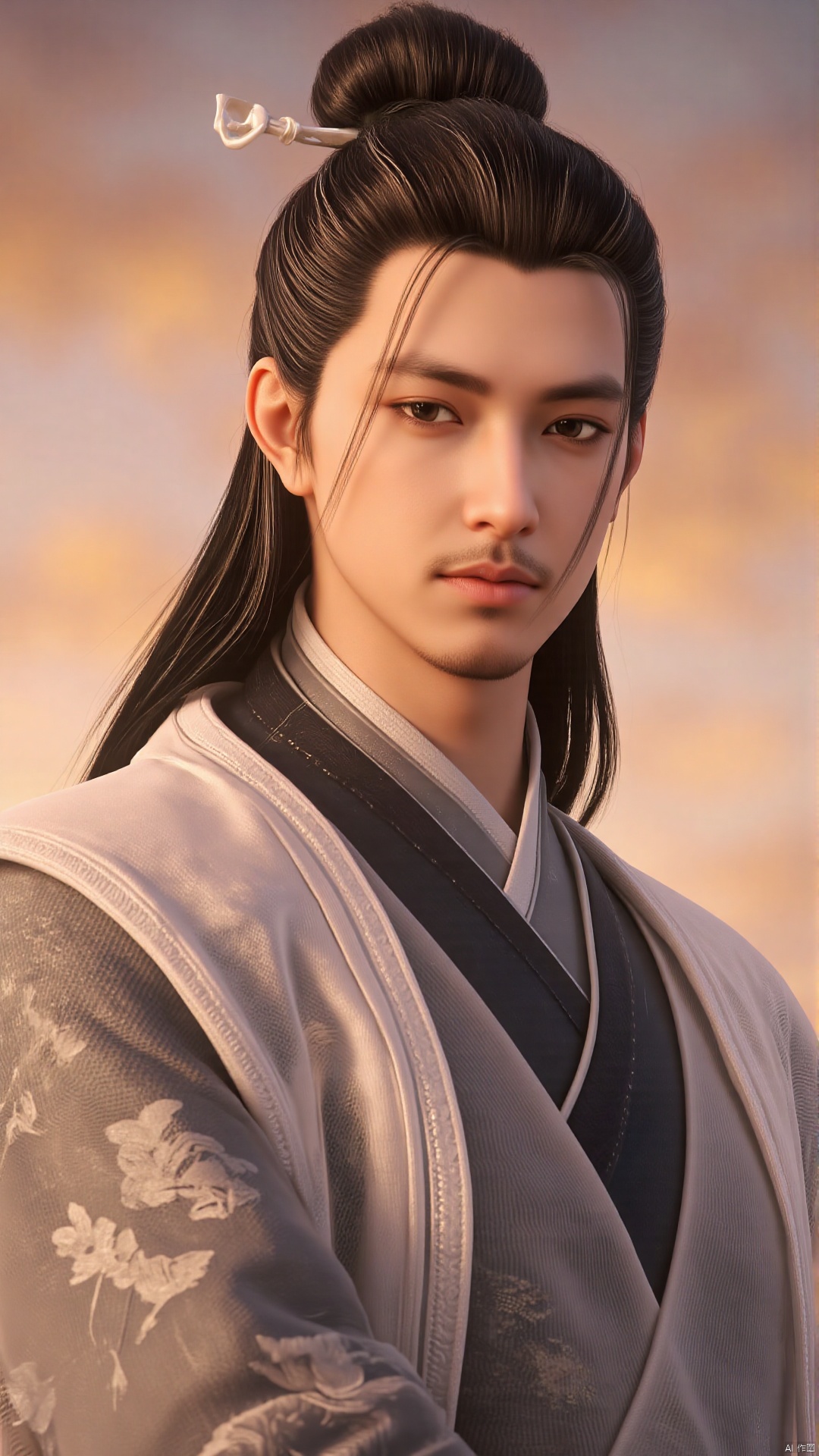 This is a hyper-realistic CGI (computer-generated imagery) rendering of a young man with an Asian appearance. He has a fair complexion and is of medium build. His long, dark hair is styled in a high topknot, with a few loose strands framing his face. His eyes are almond-shaped and dark, giving him a serene, contemplative expression. He has a slight, well-groomed mustache and a neatly trimmed goatee.
He is dressed in traditional Chinese attire, characterized by a high-collared, flowing robe with intricate, golden embroidery. The robe is primarily white with black accents, and the fabric appears to be silk or a similar smooth material, enhancing the elegant and refined look. The background is a blurred, warm-toned gradient, likely depicting a sunset or sunrise, with soft hues of orange, pink, and yellow, indicating a serene and peaceful atmosphere.
The image is highly detailed, with realistic textures and shading, and the lighting is soft and natural, enhancing the subject's features and clothing. The overall style of the image is sophisticated and culturally rich, capturing the essence of traditional Chinese aesthetics in a modern digital medium.