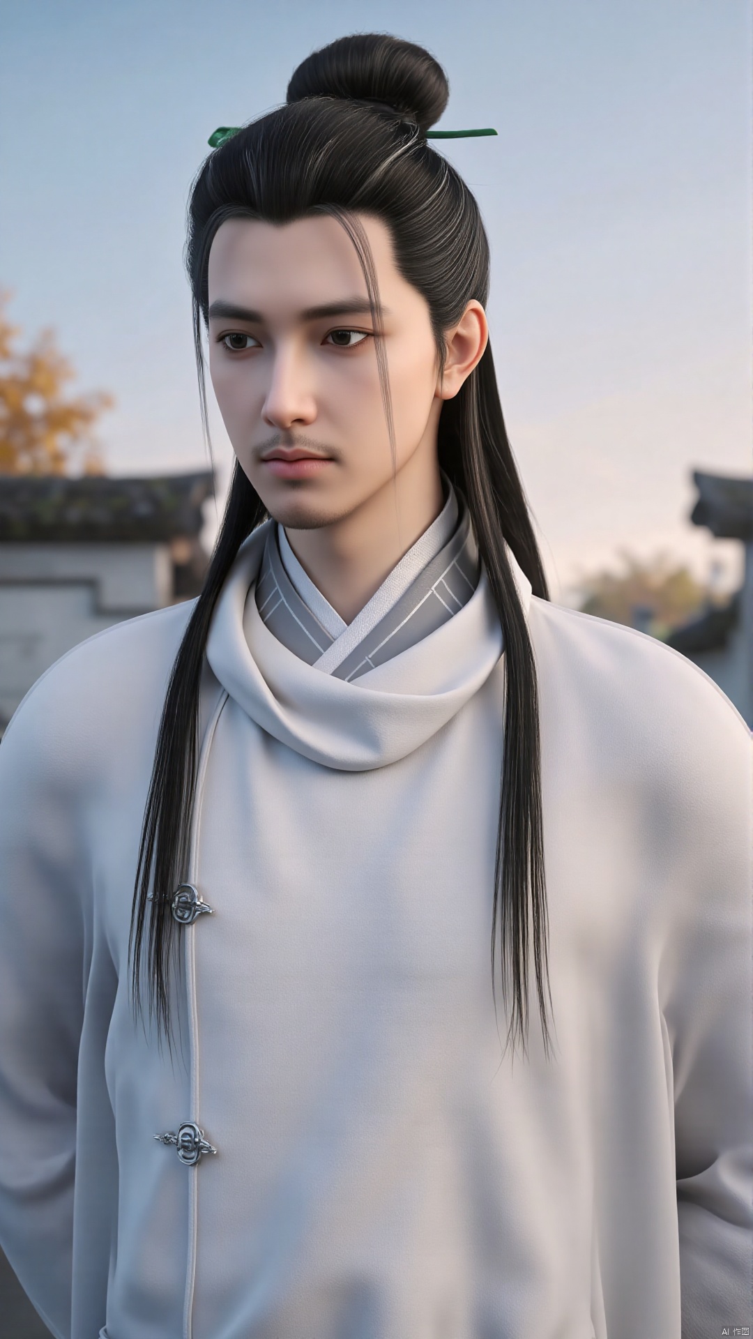 This is a highly detailed CGI rendering of a young man with East Asian features, set against a serene, out-of-focus background that includes a clear sky transitioning from light blue to pale pink at the horizon, and a blurred silhouette of a building with a tiled roof. The man has long, jet-black hair tied into a topknot adorned with a green ribbon, and his hair flows down his back in loose strands. His expression is calm and contemplative, with a slight hint of sadness. He wears a traditional, white, high-collar robe with intricate silver buttons down the front, indicating a formal or ceremonial attire. The robe has a smooth texture and a slight sheen, suggesting a fine fabric like silk. The background features a minimalistic, rustic setting, possibly a historical or traditional Asian location, with the blurred outlines of buildings and a few autumnal leaves, indicating a time of year with cooler temperatures. The overall composition and style of the image are realistic, with a focus on fine details and textures, emphasizing the subject's serene and thoughtful demeanor.