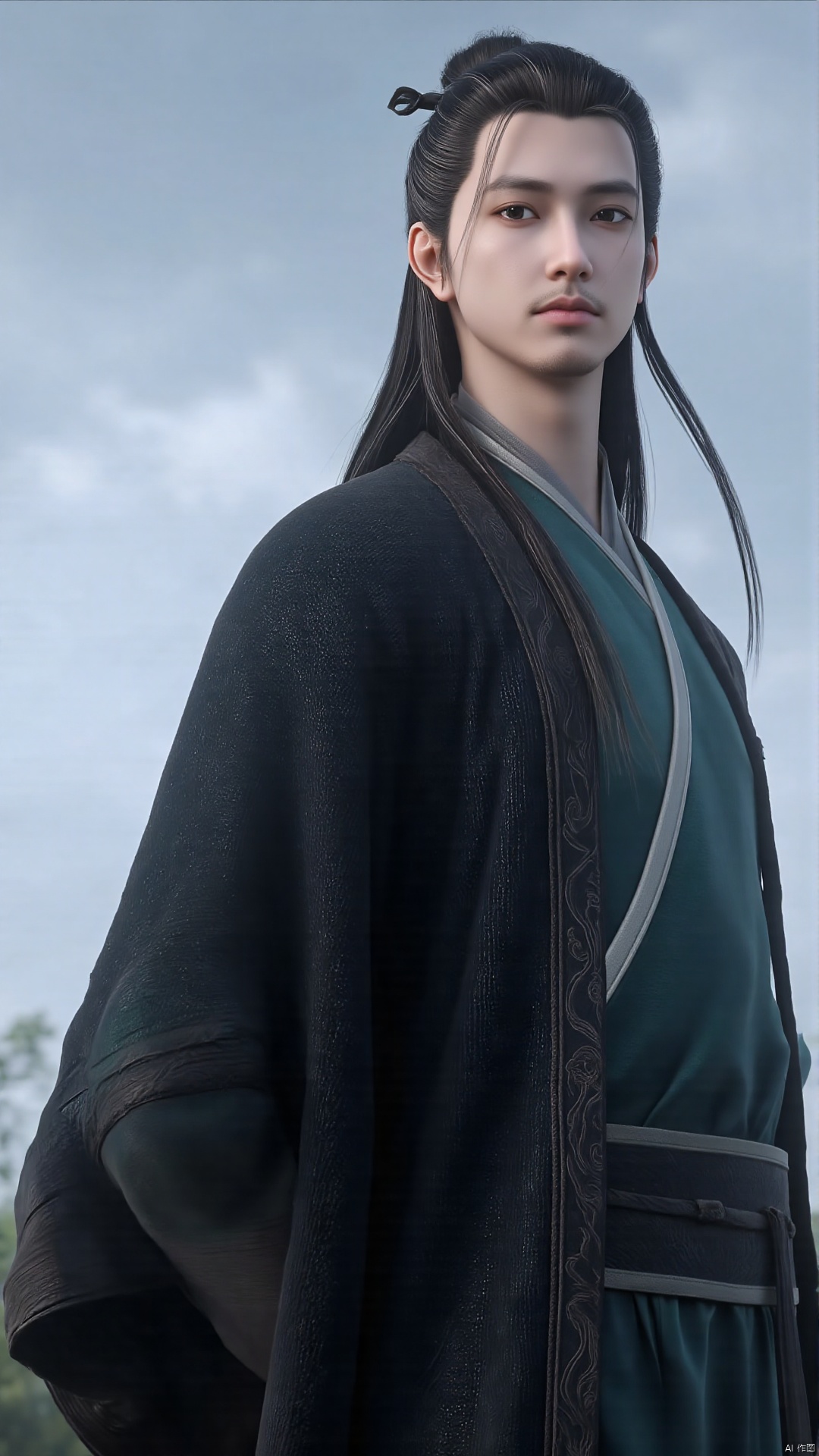 of a young man with an ethereal, almost otherworldly appearance. This is a highly detailed digital CGI rendering of a young East Asian man with a serene, contemplative expression. He has long, jet-black hair styled in a loose, flowing manner, with a few strands tied back with a small black clip. His facial features are sharp and delicate, with high cheekbones, a small, straight nose, and full lips. His eyes are large and piercing, with a hint of sadness or introspection.
He is dressed in traditional Chinese attire, specifically a dark teal robe with intricate white and gold patterns along the sleeves and hem, indicating a high social status. The robe is draped over a black, textured outer garment that appears to be made of a soft, heavy fabric. The overall texture of his clothing is smooth yet slightly coarse, adding depth and realism to the image.
The background is a soft, overcast sky with a few wispy clouds, indicating a calm, serene setting that complements the subject's serene demeanor. The lighting is soft and diffused, casting gentle shadows that enhance the three-dimensional quality of the image.