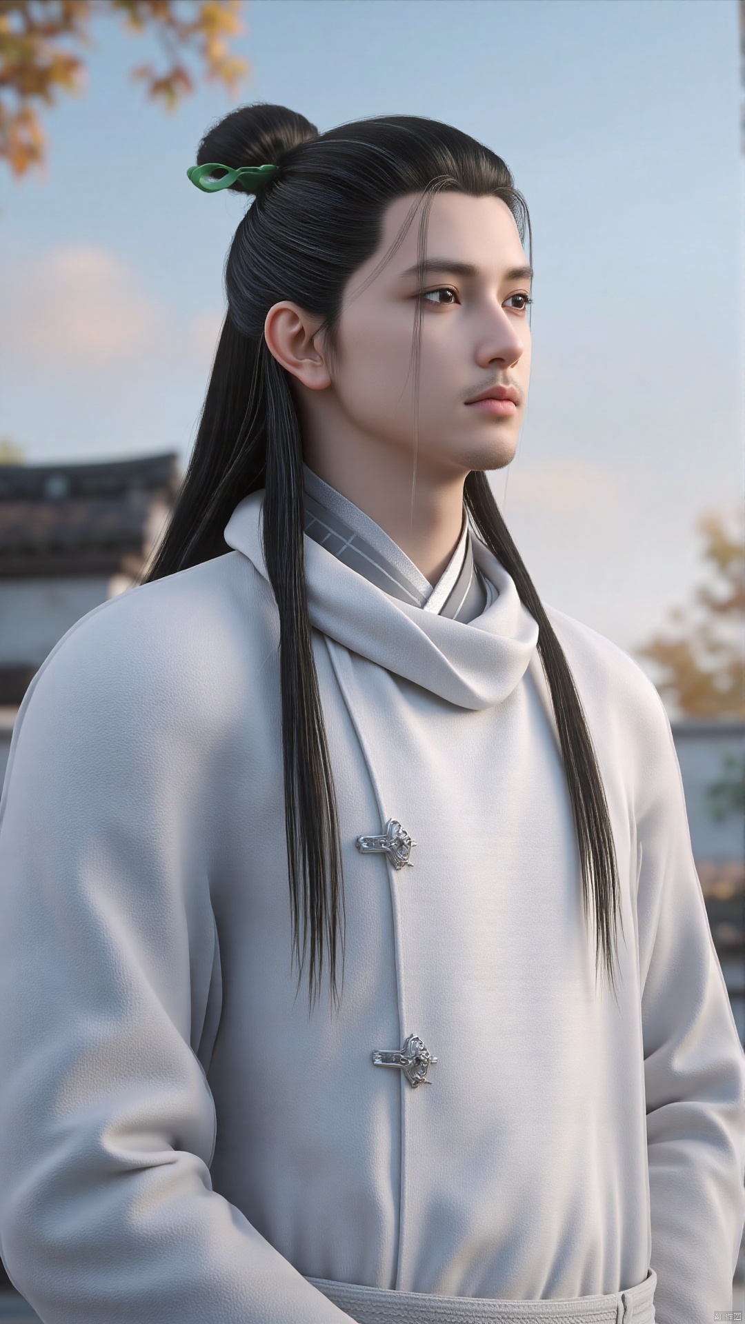 This is a highly detailed CGI rendering of a young man with East Asian features, set against a serene, out-of-focus background that includes a clear sky transitioning from light blue to pale pink at the horizon, and a blurred silhouette of a building with a tiled roof. The man has long, jet-black hair tied into a topknot adorned with a green ribbon, and his hair flows down his back in loose strands. His expression is calm and contemplative, with a slight hint of sadness. He wears a traditional, white, high-collar robe with intricate silver buttons down the front, indicating a formal or ceremonial attire. The robe has a smooth texture and a slight sheen, suggesting a fine fabric like silk. The background features a minimalistic, rustic setting, possibly a historical or traditional Asian location, with the blurred outlines of buildings and a few autumnal leaves, indicating a time of year with cooler temperatures. The overall composition and style of the image are realistic, with a focus on fine details and textures, emphasizing the subject's serene and thoughtful demeanor.