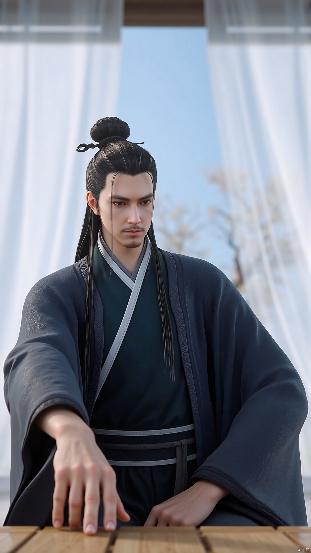 of a young man with long, dark hair styled in a topknot, sitting in a traditional Japanese room. The man has a serious expression and is dressed in a dark blue, kimono-style robe with a white, textured pattern along the sleeves and a grey sash tied around his waist. His hands are visible, with the left hand resting on his lap and the right hand extended towards the viewer, suggesting a sense of interaction or invitation. The background features a light blue sky with white, translucent curtains that allow natural light to filter through, giving the room a serene and peaceful ambiance. The floor appears to be made of wood, with a traditional Japanese tatami mat pattern. In the background, there are soft, blurred images of a few trees with bare branches, indicating a winter or early spring setting. The overall texture of the image is smooth and realistic, with a slight emphasis on the man's features and the fine details of his clothing.