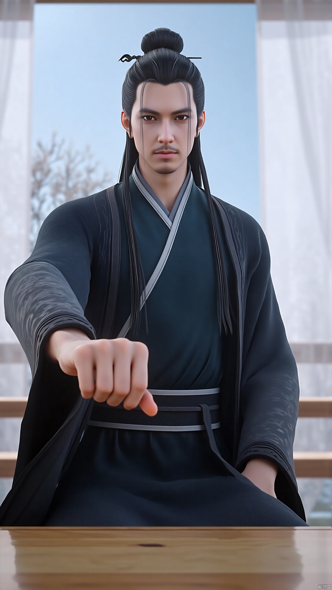 of a young man with long, dark hair styled in a topknot, sitting in a traditional Japanese room. The man has a serious expression and is dressed in a dark blue, kimono-style robe with a white, textured pattern along the sleeves and a grey sash tied around his waist. His hands are visible, with the left hand resting on his lap and the right hand extended towards the viewer, suggesting a sense of interaction or invitation. The background features a light blue sky with white, translucent curtains that allow natural light to filter through, giving the room a serene and peaceful ambiance. The floor appears to be made of wood, with a traditional Japanese tatami mat pattern. In the background, there are soft, blurred images of a few trees with bare branches, indicating a winter or early spring setting. The overall texture of the image is smooth and realistic, with a slight emphasis on the man's features and the fine details of his clothing.