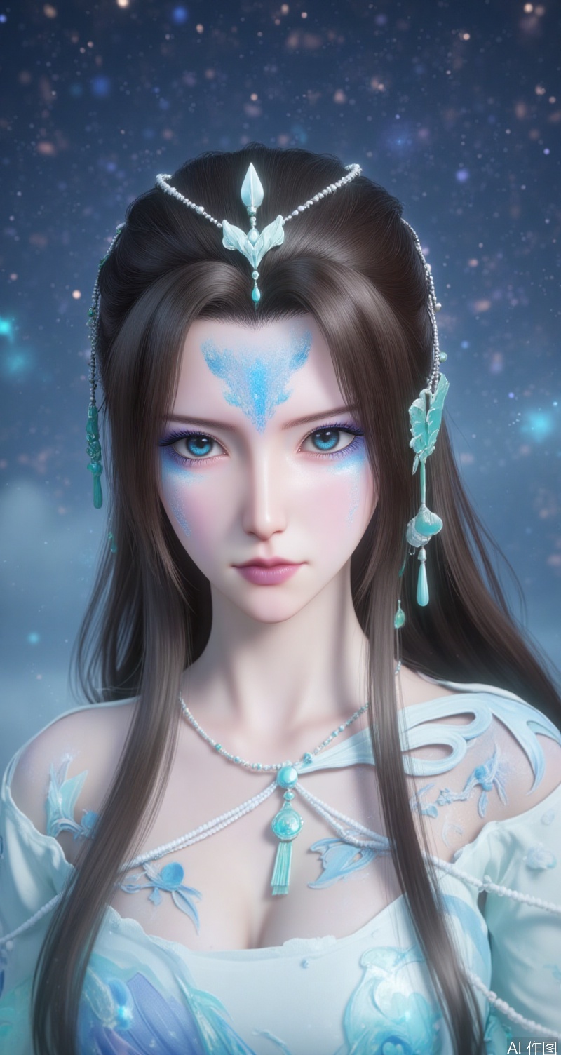 lvjing,baoshi,tinger,1girl,solo,brown hair,long hair,facial mark,looking at viewer,forehead mark,blue eyes,dark blue eyes,hair ornament,portrait,closed mouth,white_theme,the background is a starry sky,Close-up details,outstanding style,adding a touch of dimension to your images without compromising details,close-up,,lvjing,