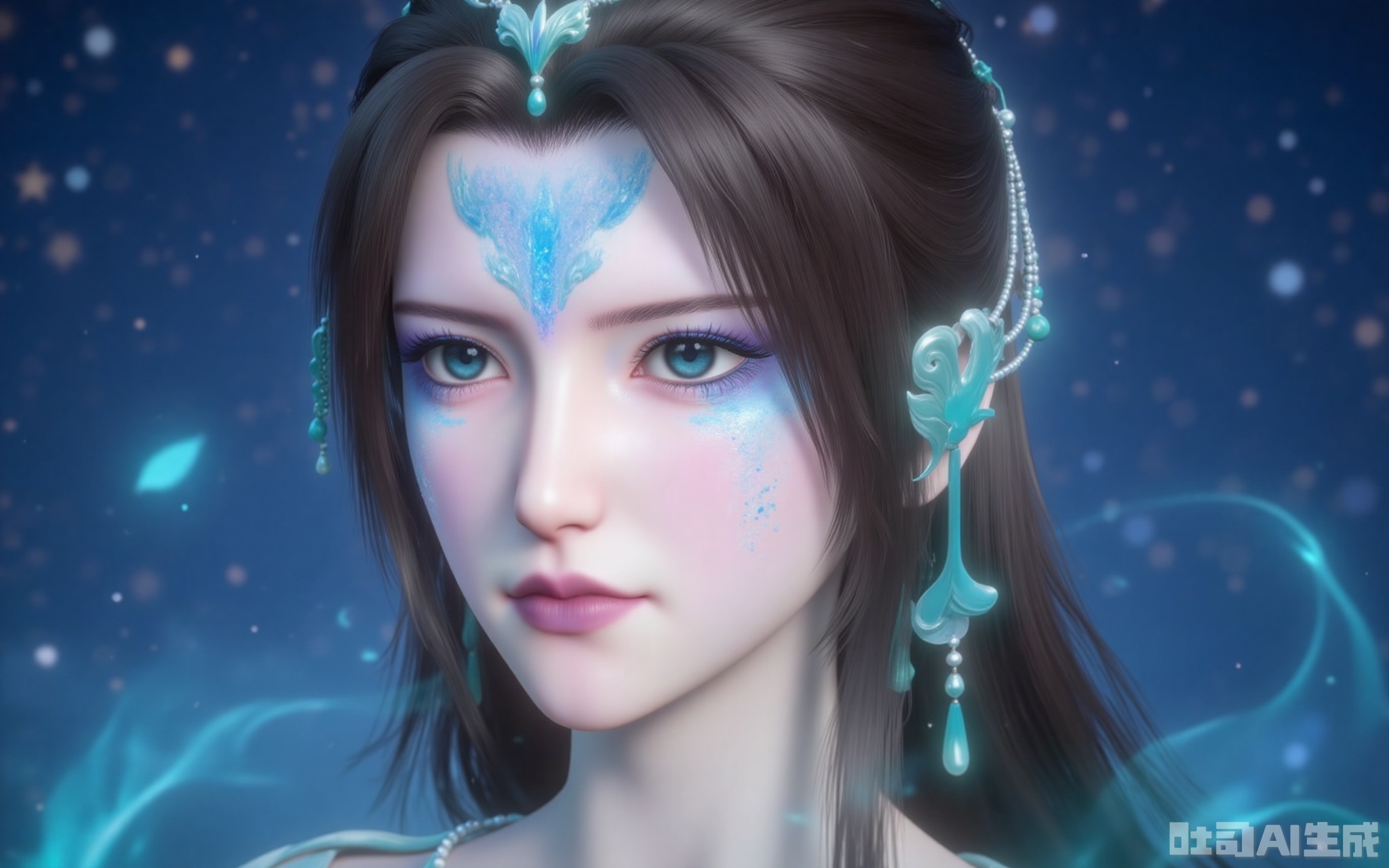 tinger,1girl,solo,brown hair,long hair,facial mark,looking at viewer,forehead mark,blue eyes,dark blue eyes,hair ornament,portrait,closed mouth,white_theme,the background is a starry sky,Close-up details,outstanding style,adding a touch of dimension to your images without compromising details,close-up,,lvjing,
