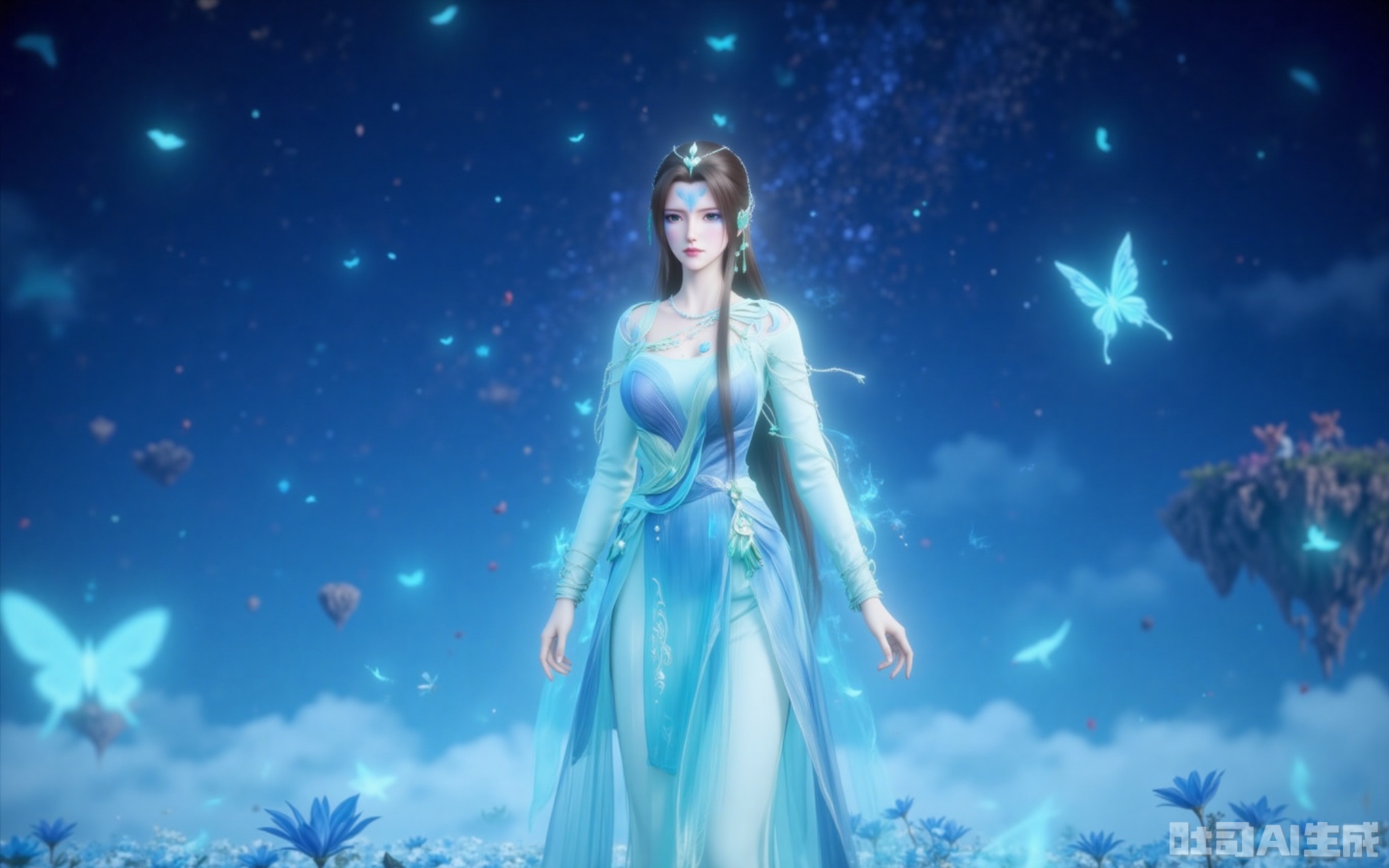 lvjing,baoshi,tinger,1girl,solo,brown hair,long hair,facial mark,looking at viewer,forehead mark,blue eyes,blue hanfu, full body,standing,senntakuya,flower field,plenty of butterflies and fireflies flying in the air,dark blue eyes,hair ornament,closed mouth,white_theme,the background is a starry sky, Close-up details,outstanding style,adding a touch of dimension to your images without compromising details,close-up,,lvjing,
