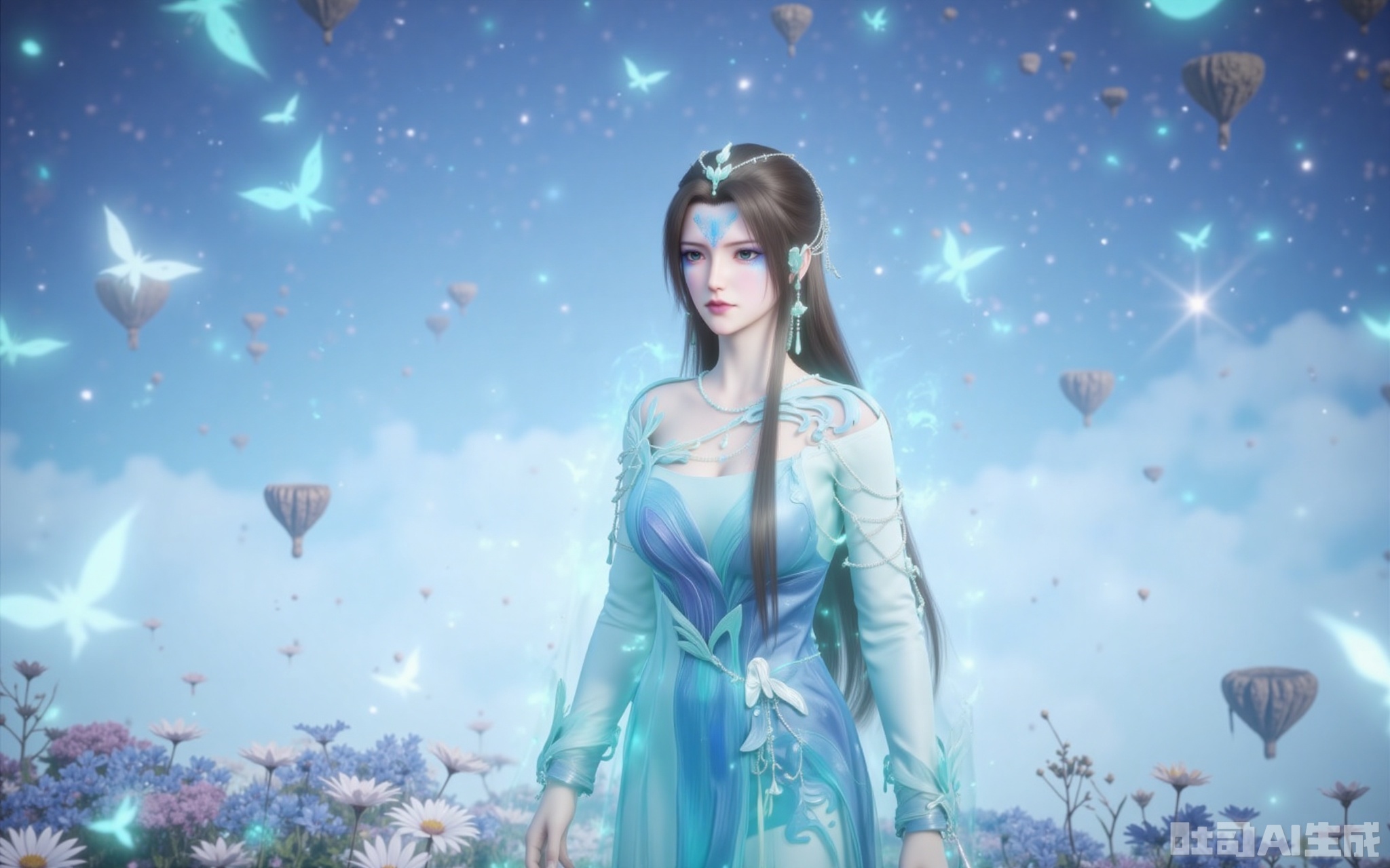 lvjing,baoshi,tinger,1girl,solo,brown hair,long hair,facial mark,looking at viewer,forehead mark,blue eyes,blue hanfu, full body,standing,senntakuya,flower field,plenty of butterflies and fireflies flying in the air,dark blue eyes,hair ornament,closed mouth,white_theme,the background is a starry sky, Close-up details,outstanding style,adding a touch of dimension to your images without compromising details,close-up,,lvjing,
