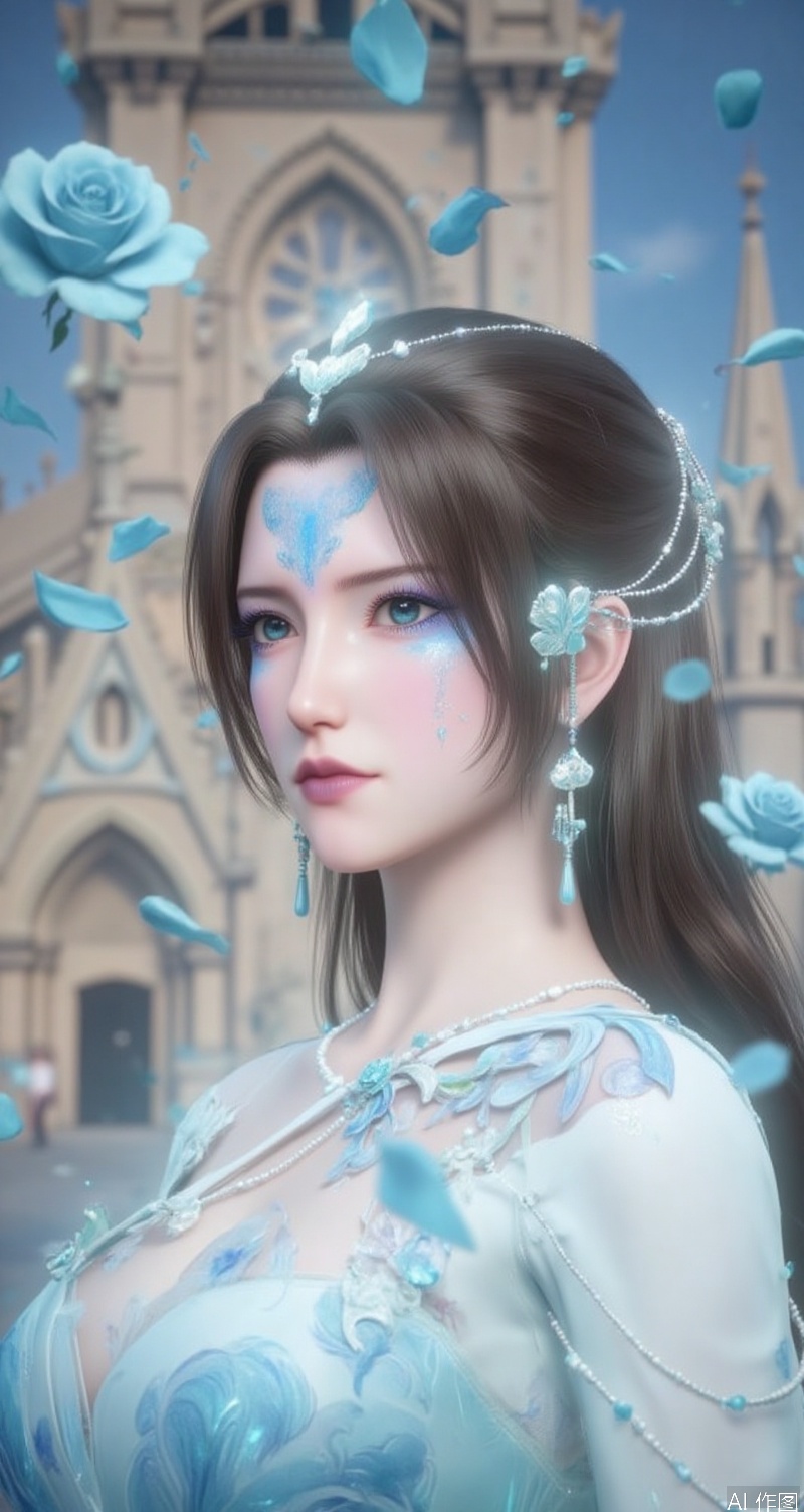 lvjing,baoshi,tinger,,a beautiful woman in a white wedding dress,brown hair,face with blue dye,facial imprint,dark blue eyes,light pink lipstick,standing in front of a glorious church,flower,stenciled_rose,blue rose,a large number of petals flying in the air,
Close-up details,outstanding style,adding a touch of dimension to your images without compromising details,close-up,,lvjing,