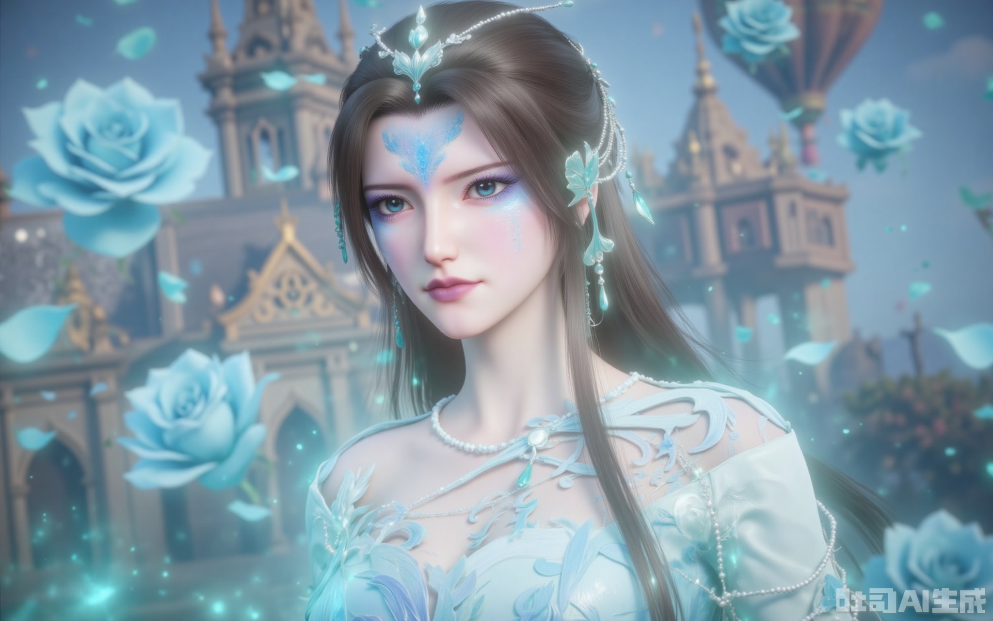tinger,,a beautiful woman in a white wedding dress,brown hair,face with blue dye,facial imprint,dark blue eyes,light pink lipstick,standing in front of a glorious church,flower,stenciled_rose,blue rose,a large number of petals flying in the air, Close-up details,outstanding style,adding a touch of dimension to your images without compromising details,close-up,,lvjing,
