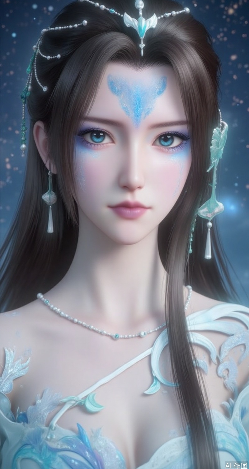 lvjing,baoshi,tinger,1girl,solo,brown hair,long hair,facial mark,looking at viewer,forehead mark,blue eyes,dark blue eyes,hair ornament,portrait,closed mouth,white_theme,the background is a starry sky,Close-up details,outstanding style,adding a touch of dimension to your images without compromising details,close-up,,lvjing,