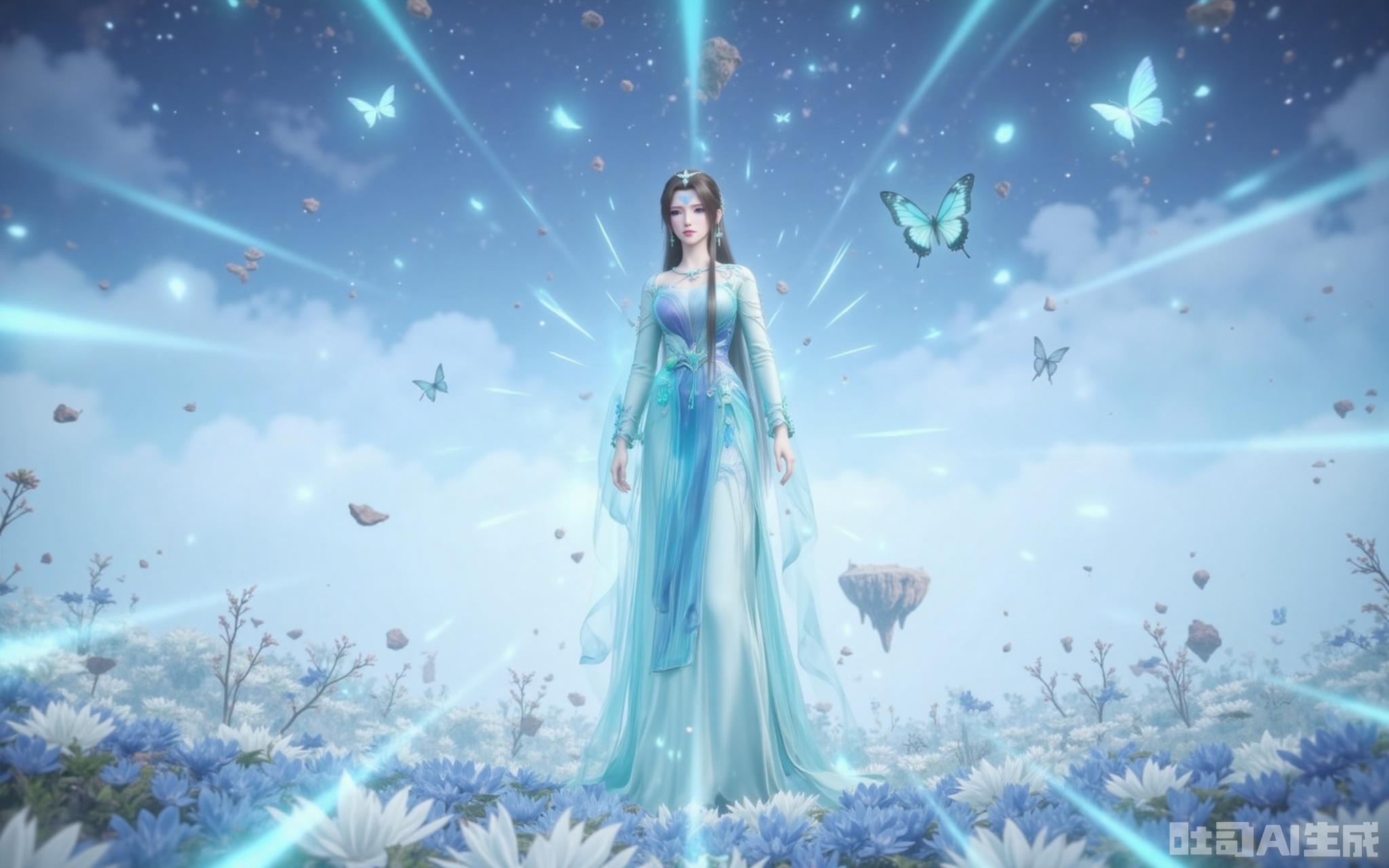 lvjing,baoshi,tinger,1girl,solo,brown hair,long hair,facial mark,looking at viewer,forehead mark,blue eyes,blue hanfu, full body,standing,senntakuya,flower field,plenty of butterflies and fireflies flying in the air,dark blue eyes,hair ornament,closed mouth,white_theme,the background is a starry sky, Close-up details,outstanding style,adding a touch of dimension to your images without compromising details,close-up,,lvjing,
