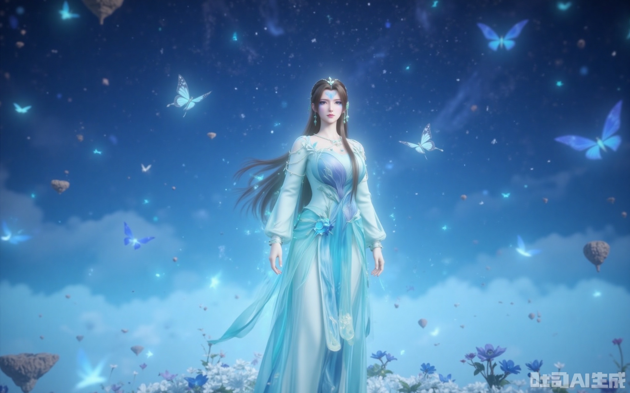 lvjing,baoshi,tinger,1girl,solo,brown hair,long hair,facial mark,looking at viewer,forehead mark,blue eyes,blue hanfu, full body,standing,senntakuya,flower field,plenty of butterflies and fireflies flying in the air,dark blue eyes,hair ornament,closed mouth,white_theme,the background is a starry sky, Close-up details,outstanding style,adding a touch of dimension to your images without compromising details,close-up,,lvjing,
