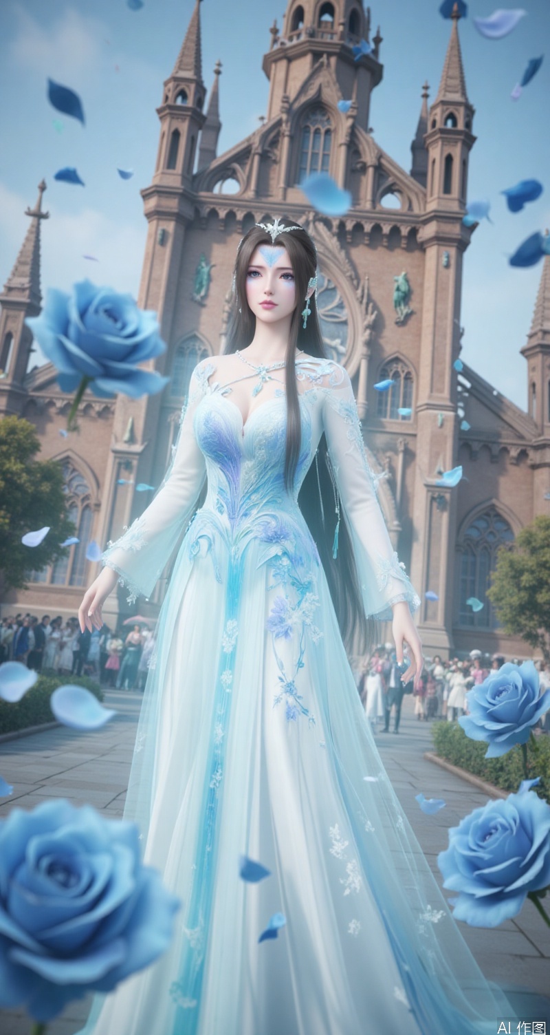 lvjing,baoshi,tinger,,a beautiful woman in a white wedding dress,brown hair,face with blue dye,facial imprint,dark blue eyes,light pink lipstick,standing in front of a glorious church,flower,stenciled_rose,blue rose,a large number of petals flying in the air,
Close-up details,outstanding style,adding a touch of dimension to your images without compromising details,close-up,,lvjing,