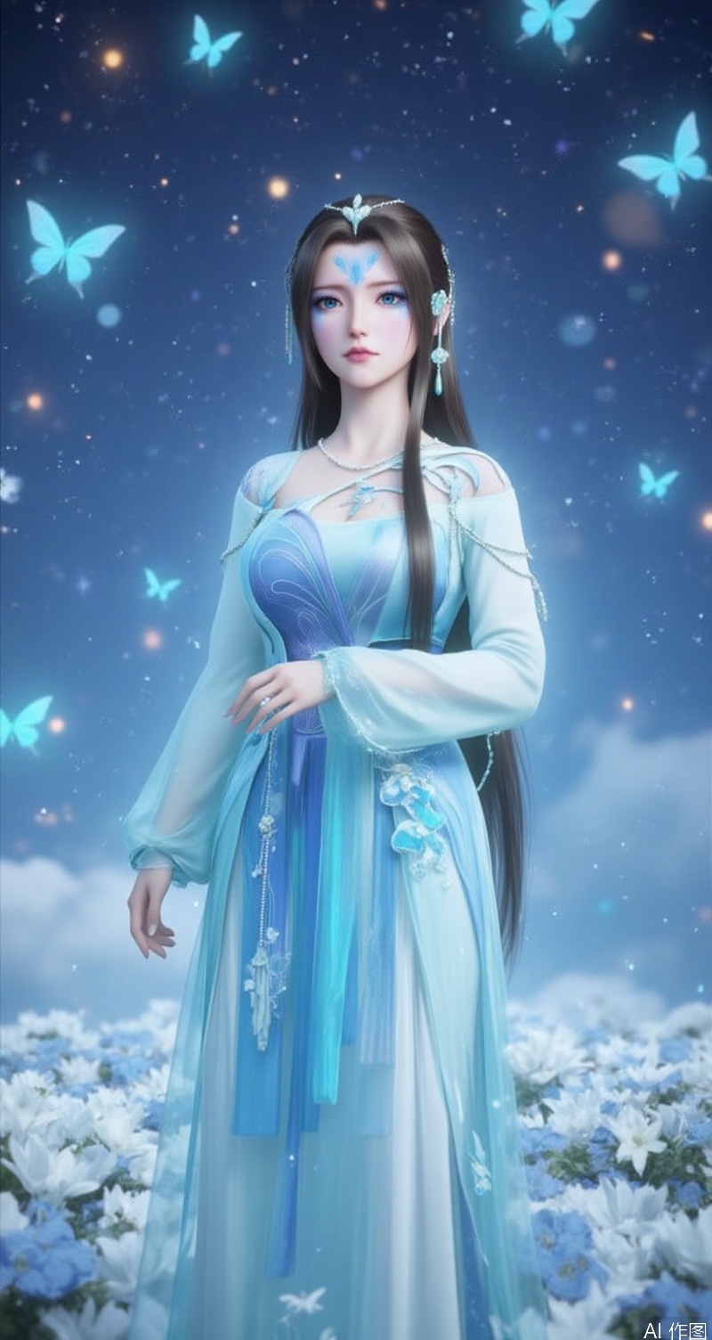 lvjing,baoshi,tinger,1girl,solo,brown hair,long hair,facial mark,looking at viewer,forehead mark,blue eyes,blue hanfu, full body,standing,senntakuya,flower field,plenty of butterflies and fireflies flying in the air,dark blue eyes,hair ornament,closed mouth,white_theme,the background is a starry sky,
Close-up details,outstanding style,adding a touch of dimension to your images without compromising details,close-up,,lvjing,