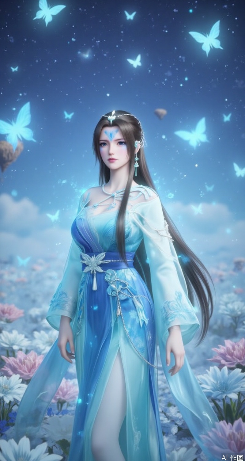 lvjing,baoshi,tinger,1girl,solo,brown hair,long hair,facial mark,looking at viewer,forehead mark,blue eyes,blue hanfu, full body,standing,senntakuya,flower field,plenty of butterflies and fireflies flying in the air,dark blue eyes,hair ornament,closed mouth,white_theme,the background is a starry sky,
Close-up details,outstanding style,adding a touch of dimension to your images without compromising details,close-up,,lvjing,