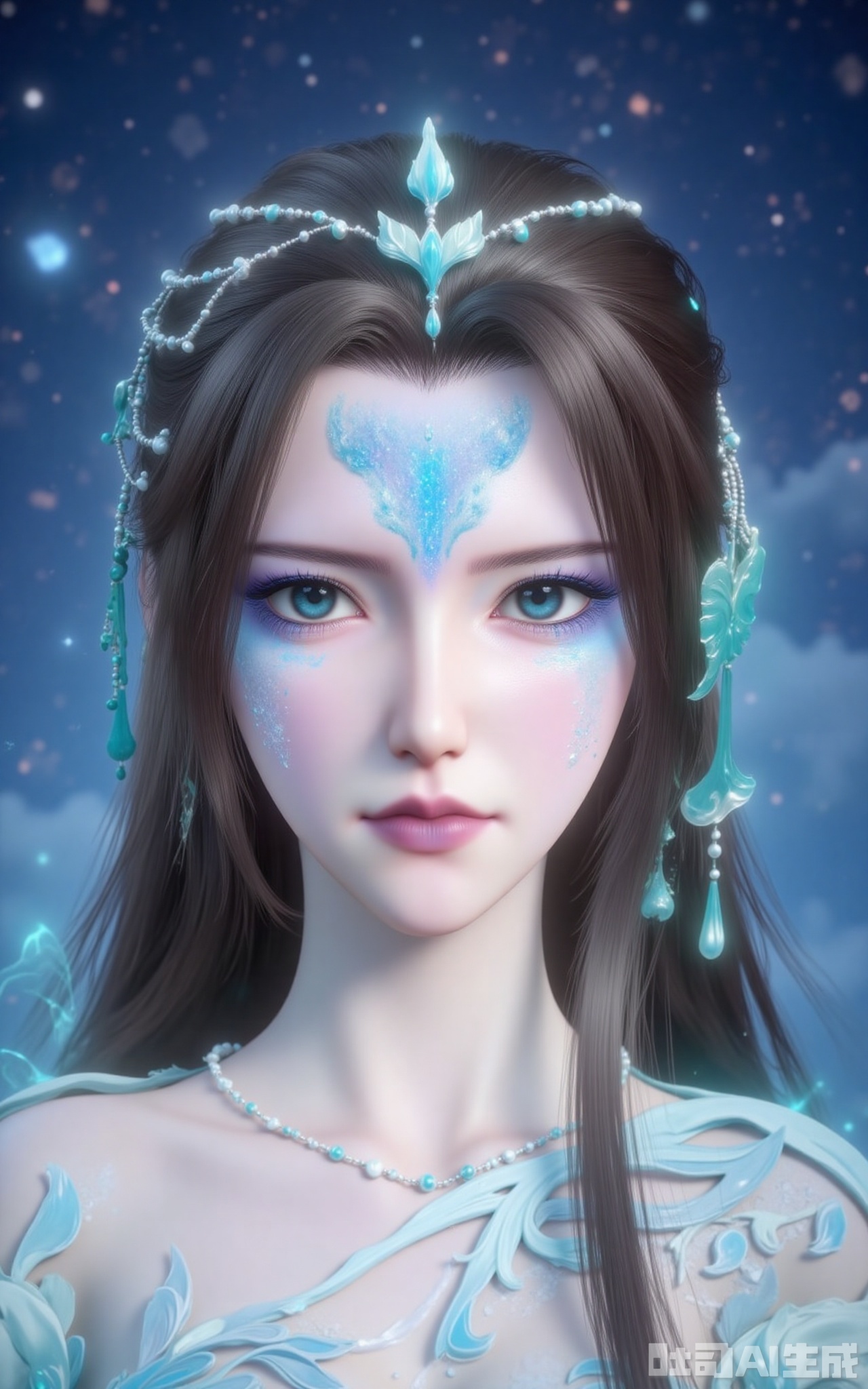 tinger,1girl,solo,brown hair,long hair,facial mark,looking at viewer,forehead mark,blue eyes,dark blue eyes,hair ornament,portrait,closed mouth,white_theme,the background is a starry sky,Close-up details,outstanding style,adding a touch of dimension to your images without compromising details,close-up,,lvjing,

