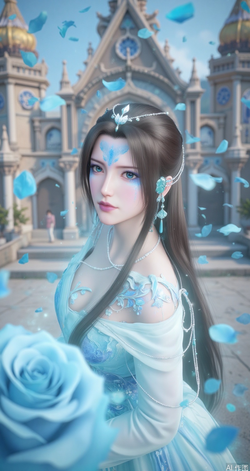 lvjing,baoshi,tinger,a beautiful woman in a blue wedding dress,brown hair,face with blue dye,facial imprint,dark blue eyes,light pink lipstick,standing in front of a glorious church,flower,stenciled_rose,blue rose,a large number of petals flying in the air,
Close-up details,outstanding style,adding a touch of dimension to your images without compromising details,close-up,,lvjing,