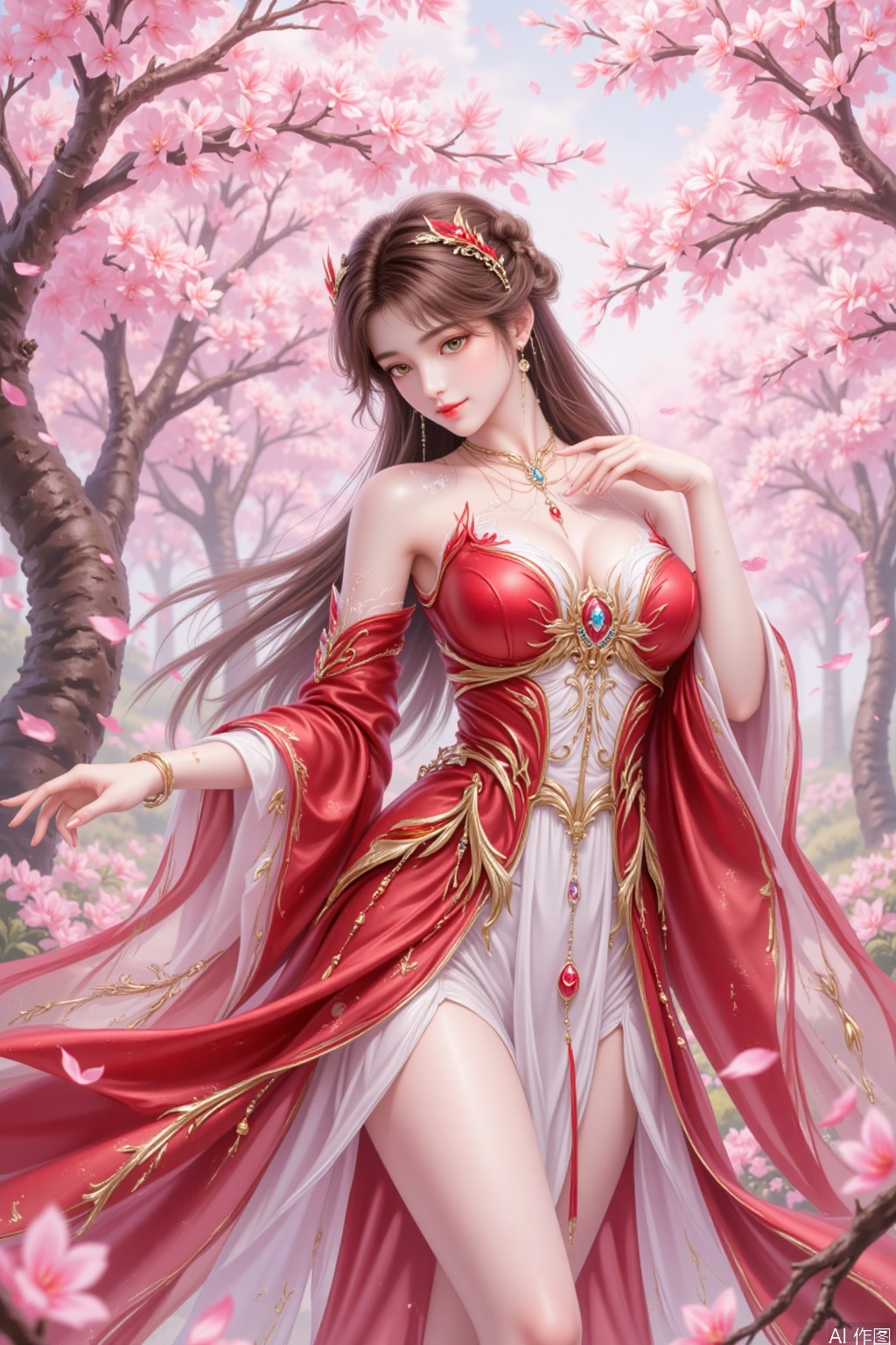 The image depicts a serene and ethereal scene with a woman dressed in an elaborate red and white gown. The gown features intricate gold designs and flowing fabric that gives a sense of movement and grace. The woman is surrounded by lush pink cherry blossom trees, which create a soft and dreamy atmosphere. The background is filled with more cherry blossoms, enhancing the overall magical and tranquil feel of the scene. The lighting is soft and diffused, with subtle highlights that emphasize the delicate details of the gown and the blossoms.