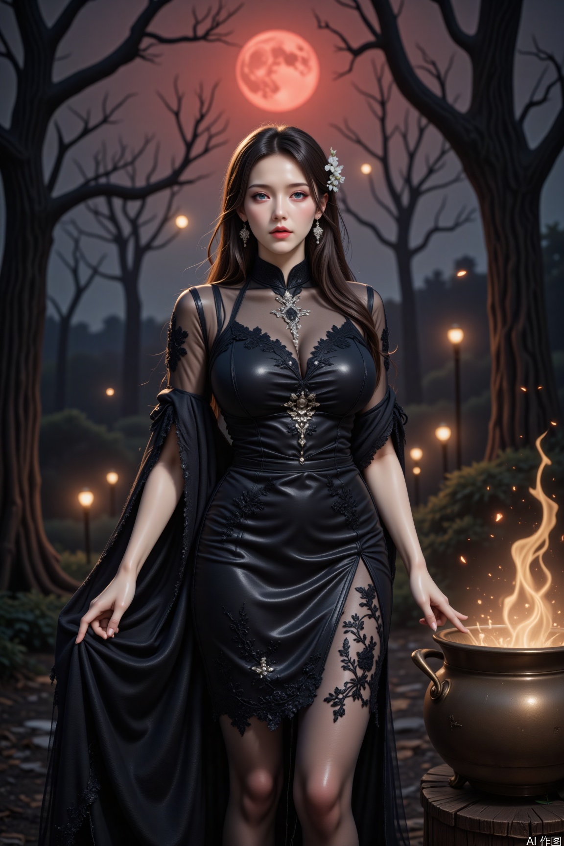 In a haunted forest under a blood - red moon, a witch in a black gothic dress stands beside a bubbling cauldron. The dress is embroidered with arcane symbols in silver thread. Using her magic to create a depth - of - field effect, the gnarled trees and floating spirits blur, spotlighting her as she chants ancient incantations.,vivid color,Oriental Aesthetics