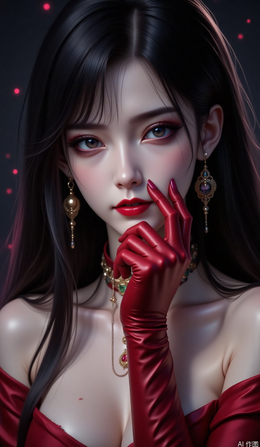 1girl, solo, long hair, looking at viewer, black hair, gloves, bare shoulders, jewelry, upper body, earrings, parted lips, one eye closed, choker, elbow gloves, hand up, necklace, off shoulder, black eyes, eyelashes, strapless, makeup, lipstick, finger to mouth, red gloves, eyeshadow, spot color, off-shoulder shirt, red lips