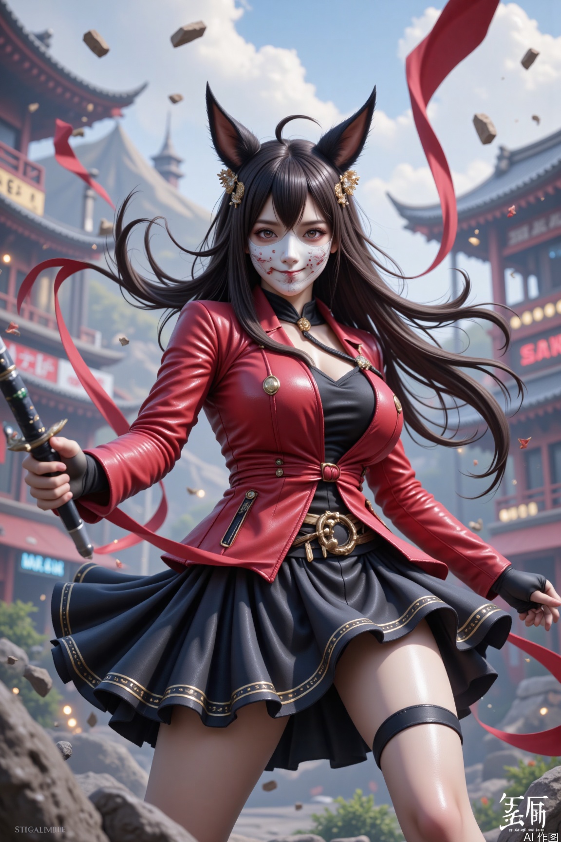 The image depicts a dynamic scene with a character in the foreground. The character is wearing a red and black outfit, including a red jacket and a black skirt, and is wielding a sword. The character also has a white mask with black ears, resembling a traditional Japanese yokai or kitsune. The background is filled with flying debris, suggesting a battle or chaotic environment. The overall style is highly detailed and vibrant, typical of digital artwork.