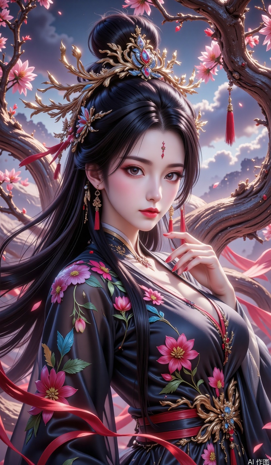 a woman dressed in traditional Chinese clothing appears as if she has stepped out of a classical legend. Her attire is mainly in a deep black color, exquisitely embroidered with colorful flower patterns. The delicate stitching makes the flowers seem to be blooming on the fabric, vivid and lifelike.
 
The woman's hairstyle is extremely elaborate. Her shiny black hair is coiled up high, and the bun is decorated with uniquely - shaped metal ornaments that are interlocked, exuding an air of nobility. Most strikingly, a headdress in the shape of tree branches extends from the bun. The branches are adorned with delicate red flowers, which contrast with the swirling clouds and the faint red glow in the background, creating a mysterious and dreamy atmosphere.
 
Her makeup is classical and glamorous. A red mole between her eyebrows adds a touch of charm and solemnity to her face. The delicate earrings hanging beside her ears sway gently with her movements, adding more elegance. With one hand resting on the twisted and thick tree branch, her eyes are deep and serene, as if containing countless stories. The entire picture perfectly combines oriental classical aesthetics with fantasy elements, bringing a strong visual impact and a sense of beauty.