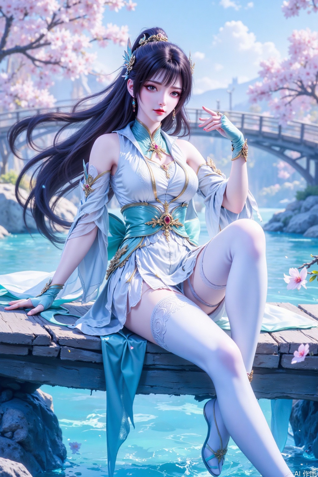 1 girl, solo, long hair, black hair, hair accessories, thigh height, gloves, dress, ponytail, blonde hair accessories, green hosta, fingerless gloves, water, cherry blossom,  dress, Black stockings, rock, branch, wooden bridge, river. White stockings