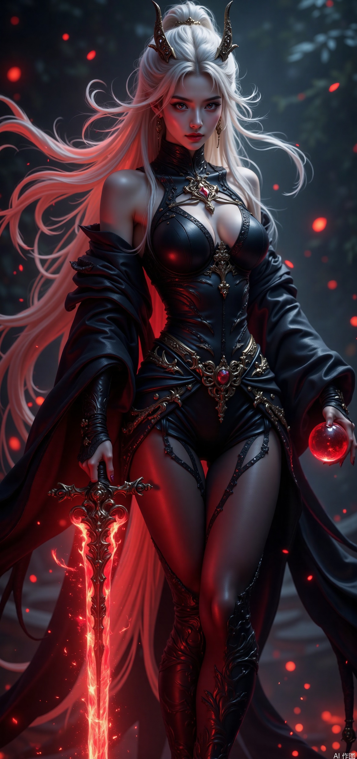 A mystical oriental maiden stands tall, her long legs and slender physique on full display as she grasps a majestic longsword with both hands. A fiery red flame erupts from the blade, illuminating the Orb clutched in her other hand. Her extremely long white hair flows wildly in the wind like a river of moonlight, framing her enigmatic face. She wears black silk pantyhose that seem to shimmer in the fading light as she assumes a powerful squat stance, her pose exuding strength and mystique,
((ultra realistic photograph)), (highest quality 8K resolution),
[intricate details: skin pores, eyelash strands, fabric texture],
[lighting: cinematic rim lighting + soft diffused key light],
depth of field f/1.4, Hasselblad H6D-400c,
[color grading: muted tones with warm/cool contrast],
hyperrealistic human anatomy, natural body posture,
environment reflection in eyes,
[texture contrast: matte skin vs glossy lips],
film grain simulation, Academy Color Encoding System,
Low-key Rembrandt lighting with chiaroscuro effect,
full-body shot from head to toe,full-length portrait,entire figure visible,complete anatomy showing feet to head,(photorealistic:1.3) 