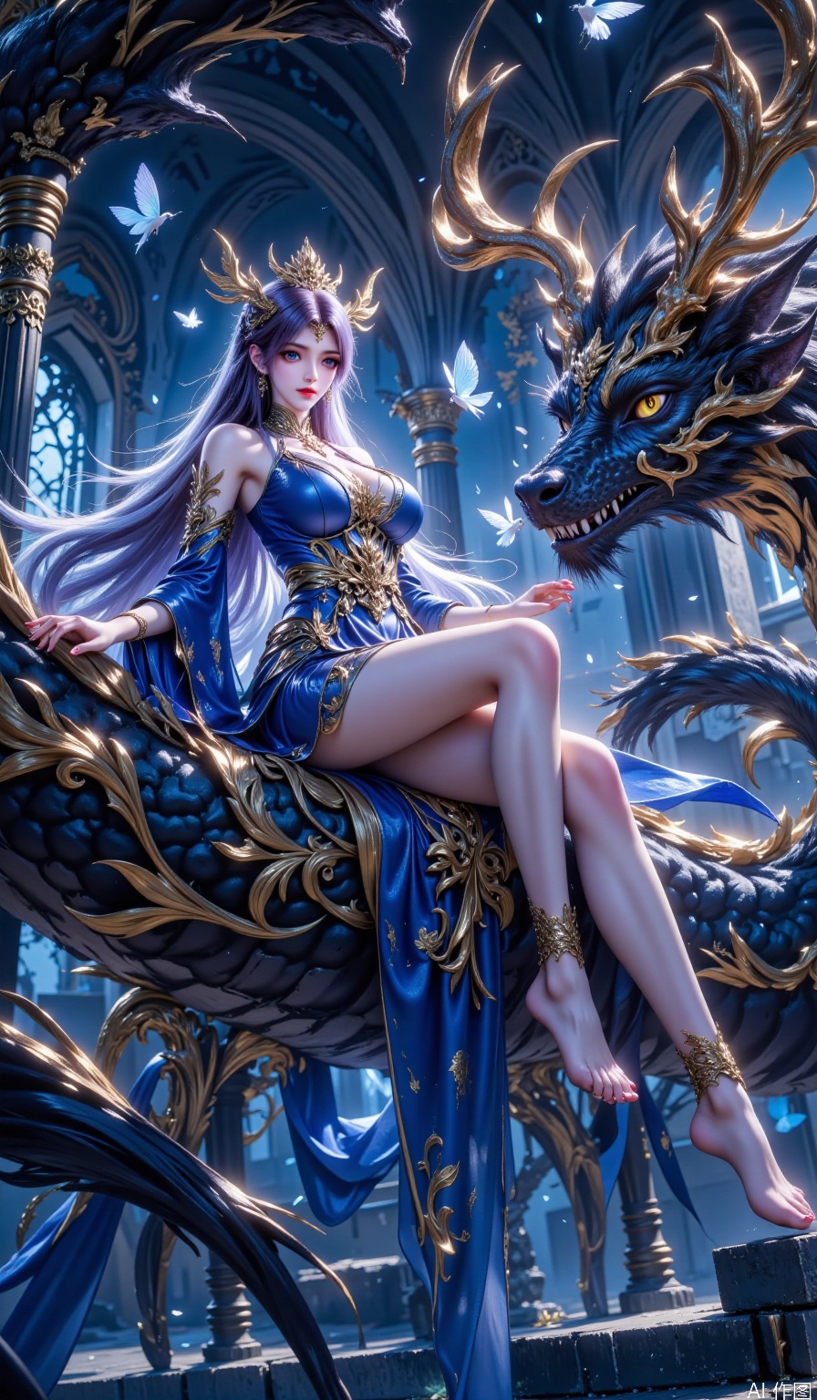In a mysterious and somewhat dark - styled architectural scene, a female character dressed in exquisitely gorgeous blue - and - gold attire gracefully rides on a powerful beast resembling a dragon. Her clothing is beautifully designed, with a dominant blue color paired with golden patterns, exuding an air of nobility and mystery. The beast has intricate golden markings on its body, its fur fluttering, and its eyes sharp and intimidating. Around them, several birds and butterflies flit lightly, adding a touch of liveliness and fantasy to the entire image. All these elements combine to create a magical and highly visually - striking scene.