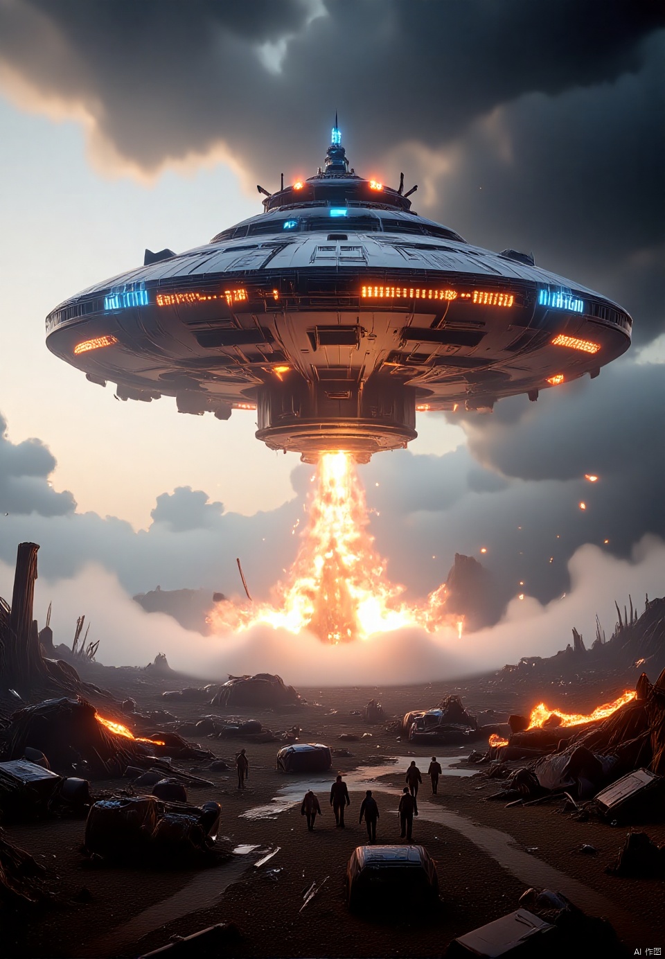 A breathtaking panoramic image unfolds,  showcasing the apocalyptic scene of an intergalactic battle. A vast expanse of la...
