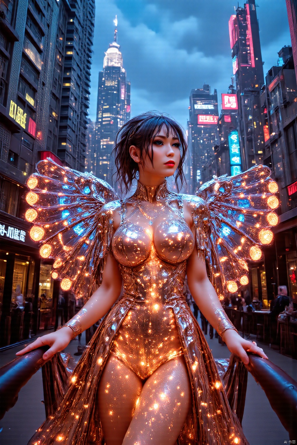 In a vivid,  high-speed film sequence,  a woman donning a stunning mirrored wings dress on Tensor.Art