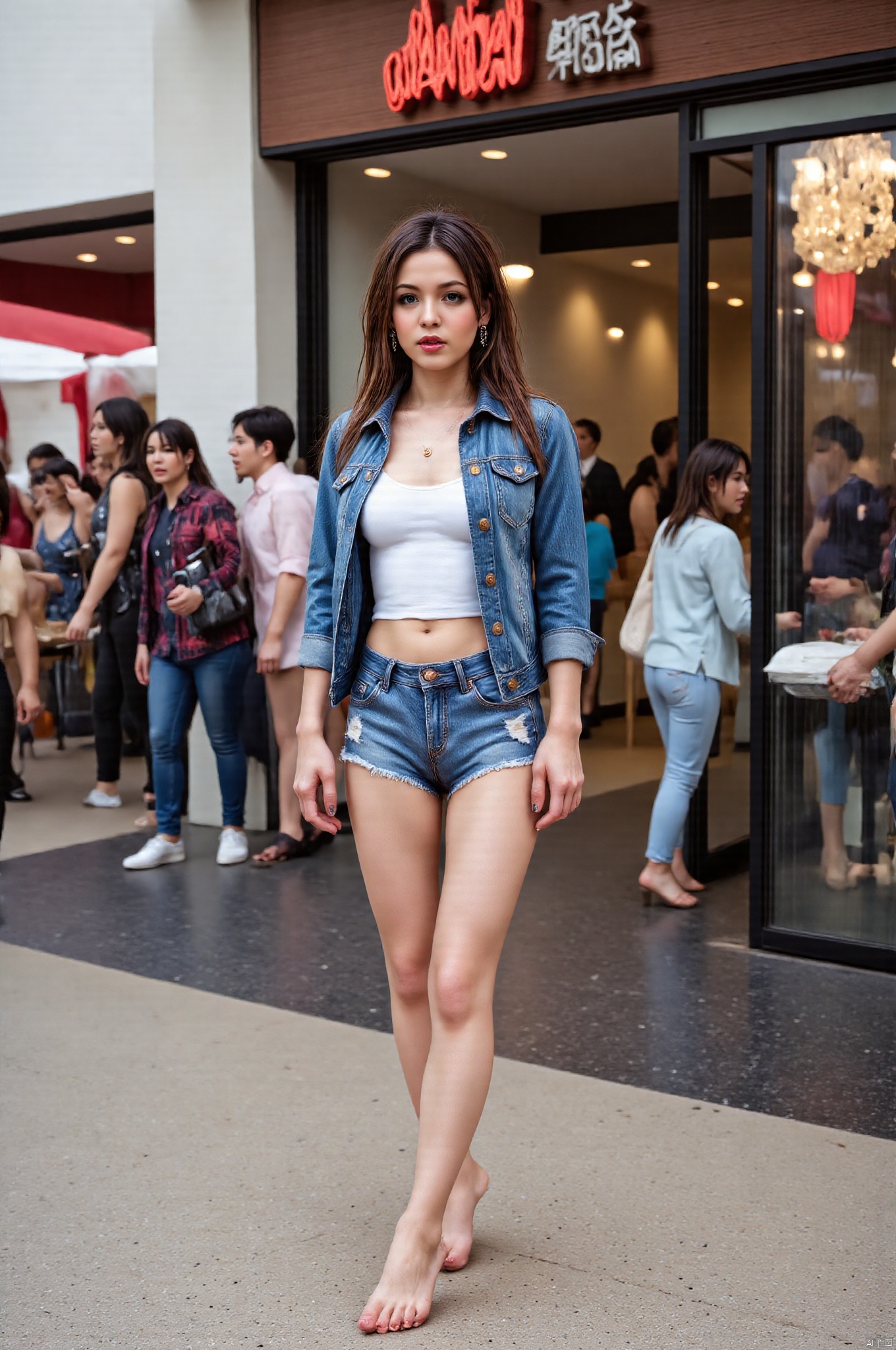 A girl,  standing tall at 175cm with a stunning physique,  is a model walking at the entrance of the Wanda Cinema. Her Kor...
