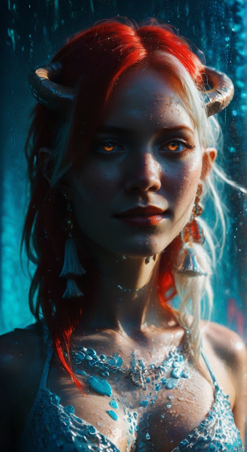 1girl, solo, long hair, looking at viewer, smile, jewelry, closed mouth, yellow eyes, upper body, white hair, red hair, multicolored hair, earrings, horns, pointy ears, hair over one eye, tassel, snake, chinese text ,backlighting,blue and white theme,depth of field,cinematic lighting,light particles,lens flare, (artist:quasarcake:0.8),extreme aesthetic,(wlop:0.6),masterpiece,best quality,good quality,newest,year 2024,year 2023,very aesthetic,absurdres,Visual impact,A shot with tension, ultra-high resolution,32K UHD,sharp focus,best-quality,masterpiece,Emotionalization,unconventional supreme masterpiece,masterful details,temperate atmosphere,with a high-end texture,in the style of fashion photography, (Visual impact:1.2),giving the poster a dynamic and visually striking appearance,impactful picture,offcial art,colorful,splash of color,movie perspective, masterpiece,best quality,amazing quality,very aesthetic,absurdres,best quality,newest,Wet body wet,SHI1RO_VO1D_ILLU, GLITCH ART, FILM GRAIN,,BLURRY,