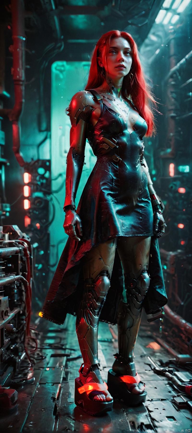 master piece, 8k, realistic, one sexy cyborg girl, solo, super realistic face, long hair, big eyes, red lips, mechanical arms, mechanical legs, android, cable, glow pipes, cyberpunk style, looking at viewer, mid size breast, in a cyberpunk lab, full body,score_9 score_8_up score_7_up, ((cyborg dress and mechanic elements)),Tiana,BLENDER STYLE,score_9_up score_8_up score_7_up, monokini,SHI1RO_VO1D_ILLU, GLITCH ART, FILM GRAIN,,BLURRY,,OKOBO SANDALS, PLATFORM FOOTWEAR,