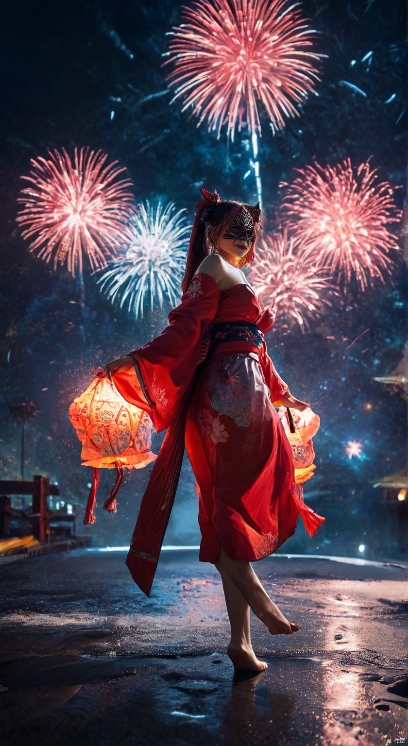 1girl, solo, long hair, looking at viewer, smile, bangs, black hair, ribbon, holding, bare shoulders, twintails, standing, red hair, multicolored hair, japanese clothes, shoes, barefoot, looking back, wide sleeves, pink eyes, kimono, from behind, feet, red ribbon, mask, toes, night, soles, standing on one leg, mask on head, fox mask, shoes removed, fireworks, holding shoes
  ,backlighting,blue and white theme,depth of field,cinematic lighting,light particles,lens flare,
(artist:quasarcake:0.8),extreme aesthetic,(wlop:0.6),masterpiece,best quality,good quality,newest,year 2024,year 2023,very aesthetic,absurdres,Visual impact,A shot with tension,
ultra-high resolution,32K UHD,sharp focus,best-quality,masterpiece,Emotionalization,unconventional supreme masterpiece,masterful details,temperate atmosphere,with a high-end texture,in  the style of fashion photography,
(Visual impact:1.2),giving the poster a dynamic and visually striking appearance,impactful picture,offcial art,colorful,splash of color,movie perspective,
masterpiece,best quality,amazing quality,very aesthetic,absurdres,best quality,newest,score_9_up score_8_up score_7_up,FBB