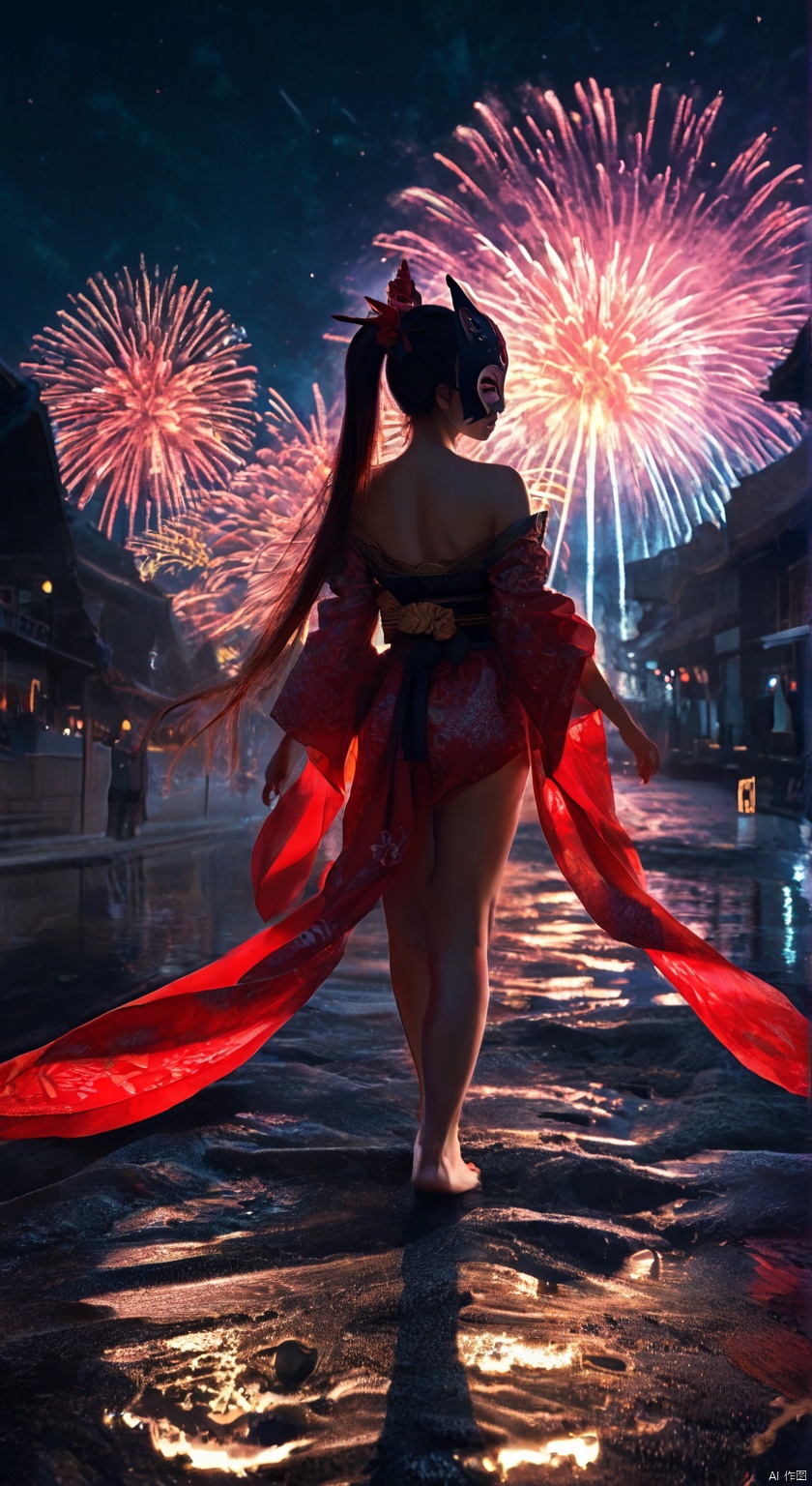 1girl, solo, long hair, looking at viewer, smile, bangs, black hair, ribbon, holding, bare shoulders, twintails, standing, red hair, multicolored hair, japanese clothes, shoes, barefoot, looking back, wide sleeves, pink eyes, kimono, from behind, feet, red ribbon, mask, toes, night, soles, standing on one leg, mask on head, fox mask, shoes removed, fireworks, holding shoes
  ,backlighting,blue and white theme,depth of field,cinematic lighting,light particles,lens flare,
(artist:quasarcake:0.8),extreme aesthetic,(wlop:0.6),masterpiece,best quality,good quality,newest,year 2024,year 2023,very aesthetic,absurdres,Visual impact,A shot with tension,
ultra-high resolution,32K UHD,sharp focus,best-quality,masterpiece,Emotionalization,unconventional supreme masterpiece,masterful details,temperate atmosphere,with a high-end texture,in  the style of fashion photography,
(Visual impact:1.2),giving the poster a dynamic and visually striking appearance,impactful picture,offcial art,colorful,splash of color,movie perspective,
masterpiece,best quality,amazing quality,very aesthetic,absurdres,best quality,newest,score_9_up score_8_up score_7_up,FBB