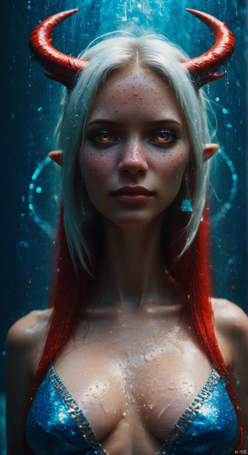 1girl, solo, long hair, looking at viewer, smile, jewelry, closed mouth, yellow eyes, upper body, white hair, red hair, multicolored hair, earrings, horns, pointy ears, hair over one eye, tassel, snake, chinese text ,backlighting,blue and white theme,depth of field,cinematic lighting,light particles,lens flare, (artist:quasarcake:0.8),extreme aesthetic,(wlop:0.6),masterpiece,best quality,good quality,newest,year 2024,year 2023,very aesthetic,absurdres,Visual impact,A shot with tension, ultra-high resolution,32K UHD,sharp focus,best-quality,masterpiece,Emotionalization,unconventional supreme masterpiece,masterful details,temperate atmosphere,with a high-end texture,in the style of fashion photography, (Visual impact:1.2),giving the poster a dynamic and visually striking appearance,impactful picture,offcial art,colorful,splash of color,movie perspective, masterpiece,best quality,amazing quality,very aesthetic,absurdres,best quality,newest,Wet body wet,SHI1RO_VO1D_ILLU, GLITCH ART, FILM GRAIN,,BLURRY,